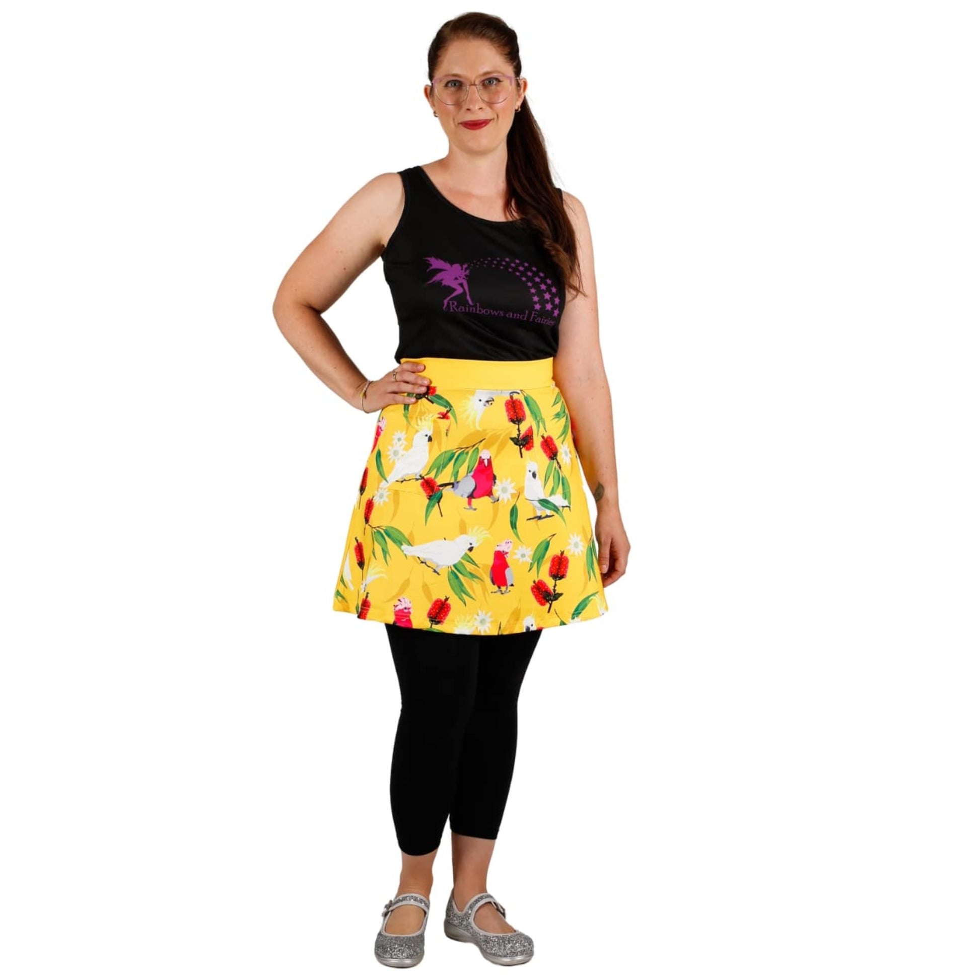 Polly Short Skirt by RainbowsAndFairies.com.au (Cockatoo - Galah - Australian Birds - Aline Skirt - Vintage Inspired - Skirt With Pockets - Kitsch) - SKU: CL_SHORT_POLLY_ORG - Pic-02