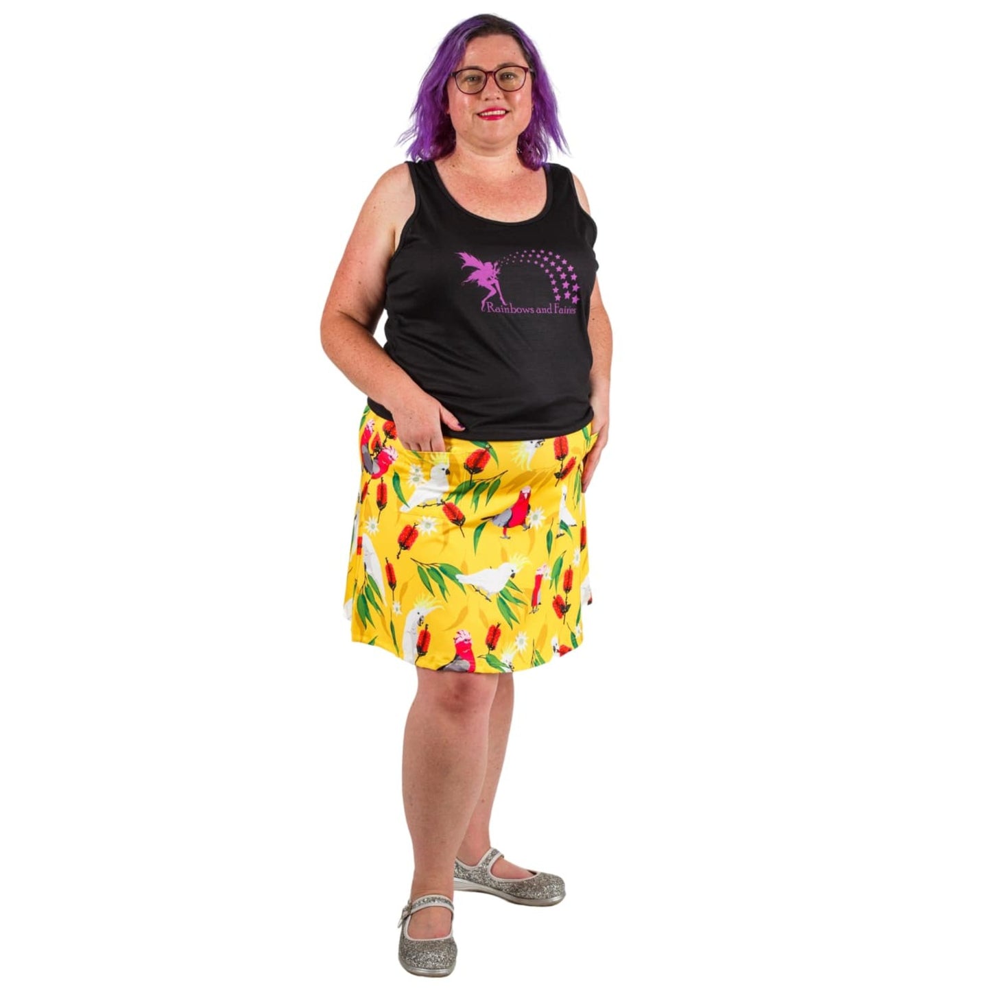 Polly Short Skirt by RainbowsAndFairies.com.au (Cockatoo - Galah - Australian Birds - Aline Skirt - Vintage Inspired - Skirt With Pockets - Kitsch) - SKU: CL_SHORT_POLLY_ORG - Pic-04