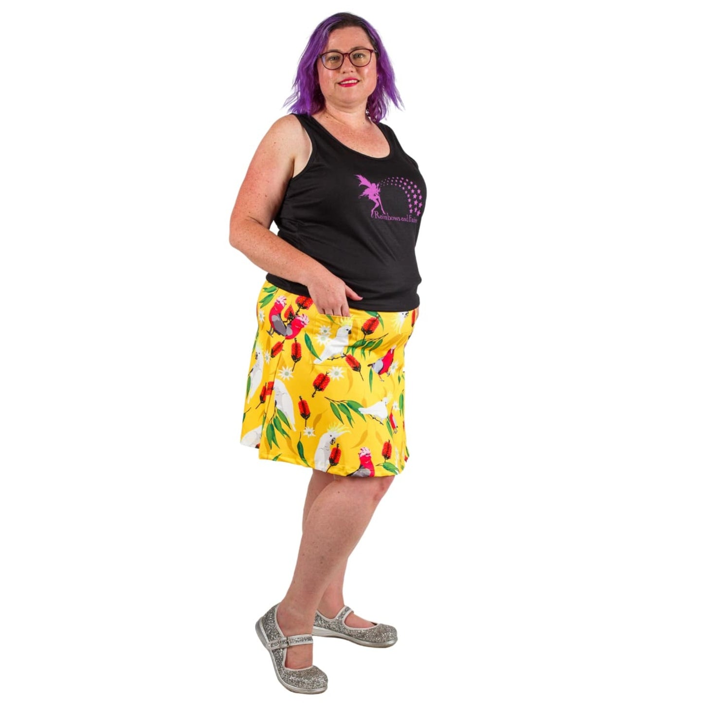 Polly Short Skirt by RainbowsAndFairies.com.au (Cockatoo - Galah - Australian Birds - Aline Skirt - Vintage Inspired - Skirt With Pockets - Kitsch) - SKU: CL_SHORT_POLLY_ORG - Pic-05