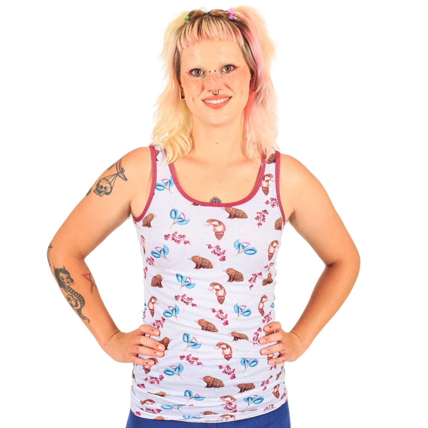 Puggle Singlet Top by RainbowsAndFairies.com (Playtpus - Echidna - Australian - Tank Top - Knit Top - Vintage Inspired) - SKU: CL_SGLET_PUGGL_ORG - Pic 02