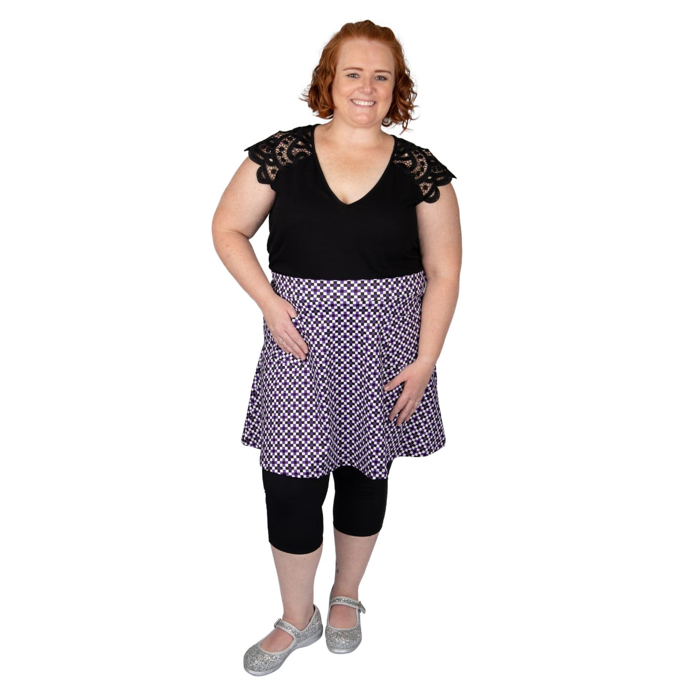 Purple Check Short Skirt by RainbowsAndFairies.com.au (Check Print - Purple - Black - White - Kitsch - Aline Skirt With Pockets - Vintage Inspired) - SKU: CL_SHORT_CHECK_PUR - Pic-03