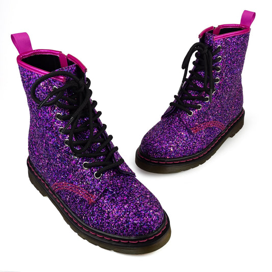 Purple Haze Wonder Boots by RainbowsAndFairies.com.au (Purple Glitter Boots - Holographic - Metallic - Glitter - Combat Boots - Side Zip Boot - Pink) - SKU: FW_WONDR_GLITR_PHZ - Pic-01