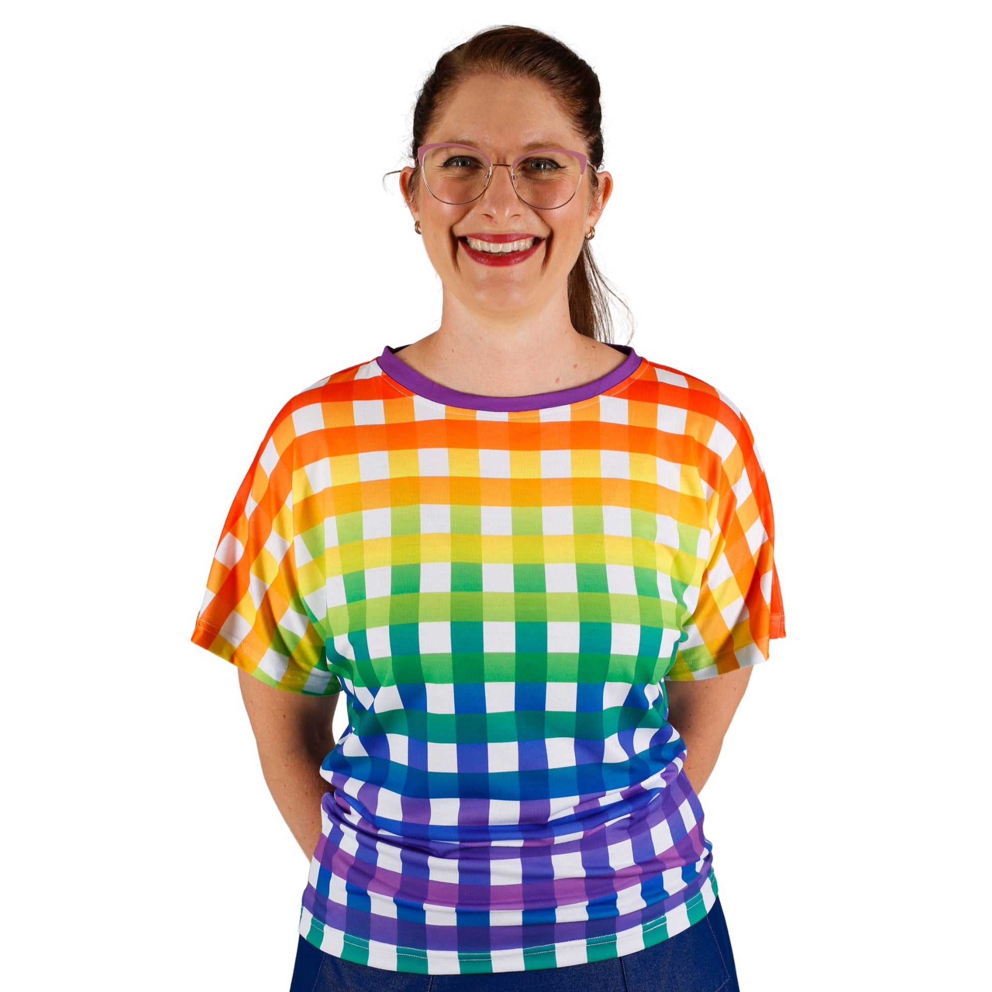 Rainbow Gingham Batwing Top by RainbowsAndFairies.com.au (Check - Picnic - Pride - Knit Top - Vintage Inspired - Retro Shirt - Kitsch) - SKU: CL_BATOP_GINGH_RBW - Pic-01
