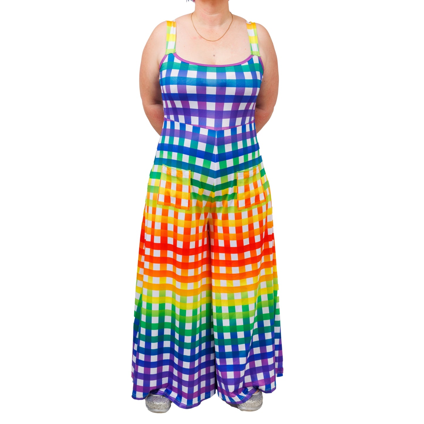 Rainbow Gingham Jumpsuit by RainbowsAndFairies.com.au (Check - Pride - Overalls - Wide Leg Pants - Kitsch - Rockabilly) - SKU: CL_JUMPS_GINGH_RBW - Pic-01