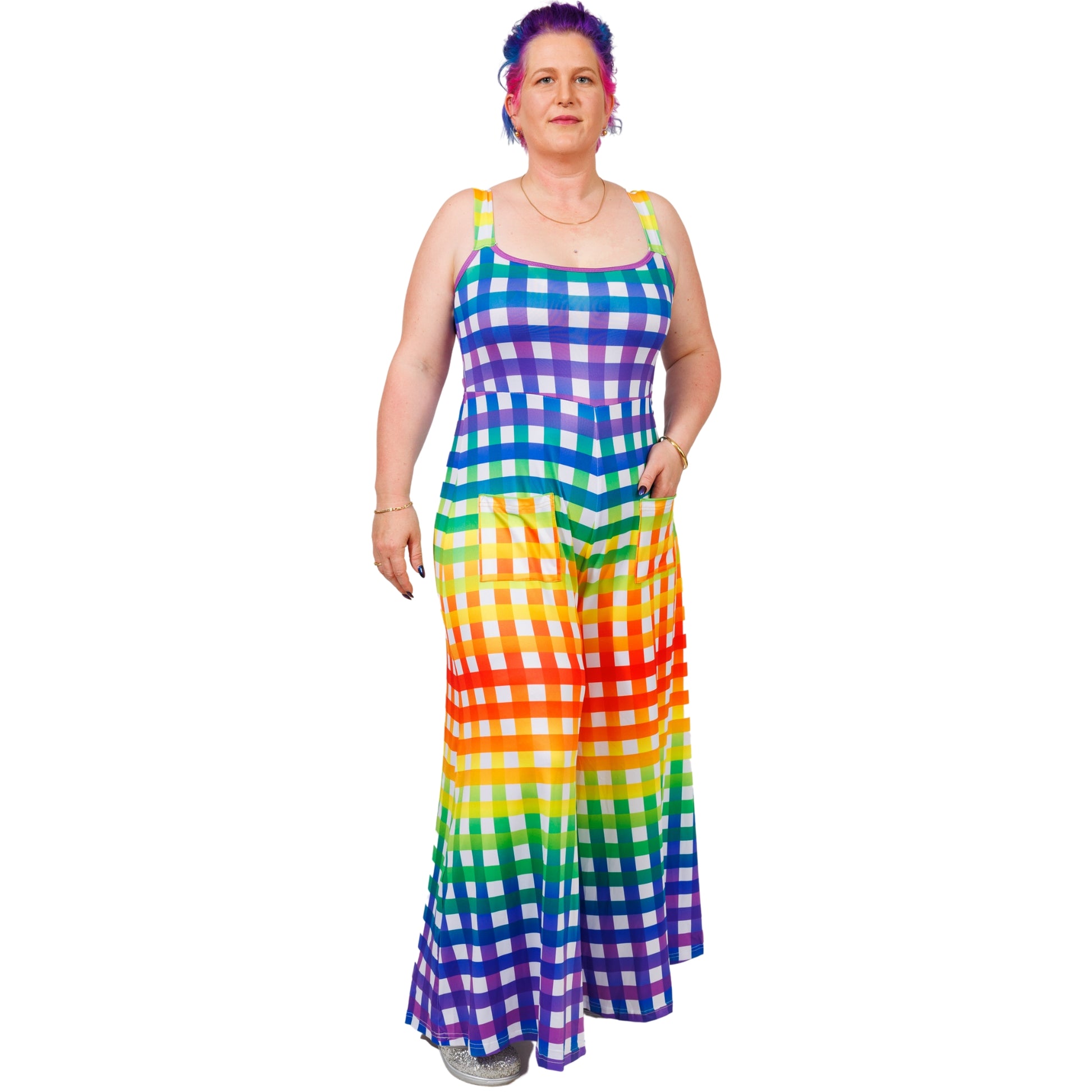 Rainbow Gingham Jumpsuit by RainbowsAndFairies.com.au (Check - Pride - Overalls - Wide Leg Pants - Kitsch - Rockabilly) - SKU: CL_JUMPS_GINGH_RBW - Pic-02