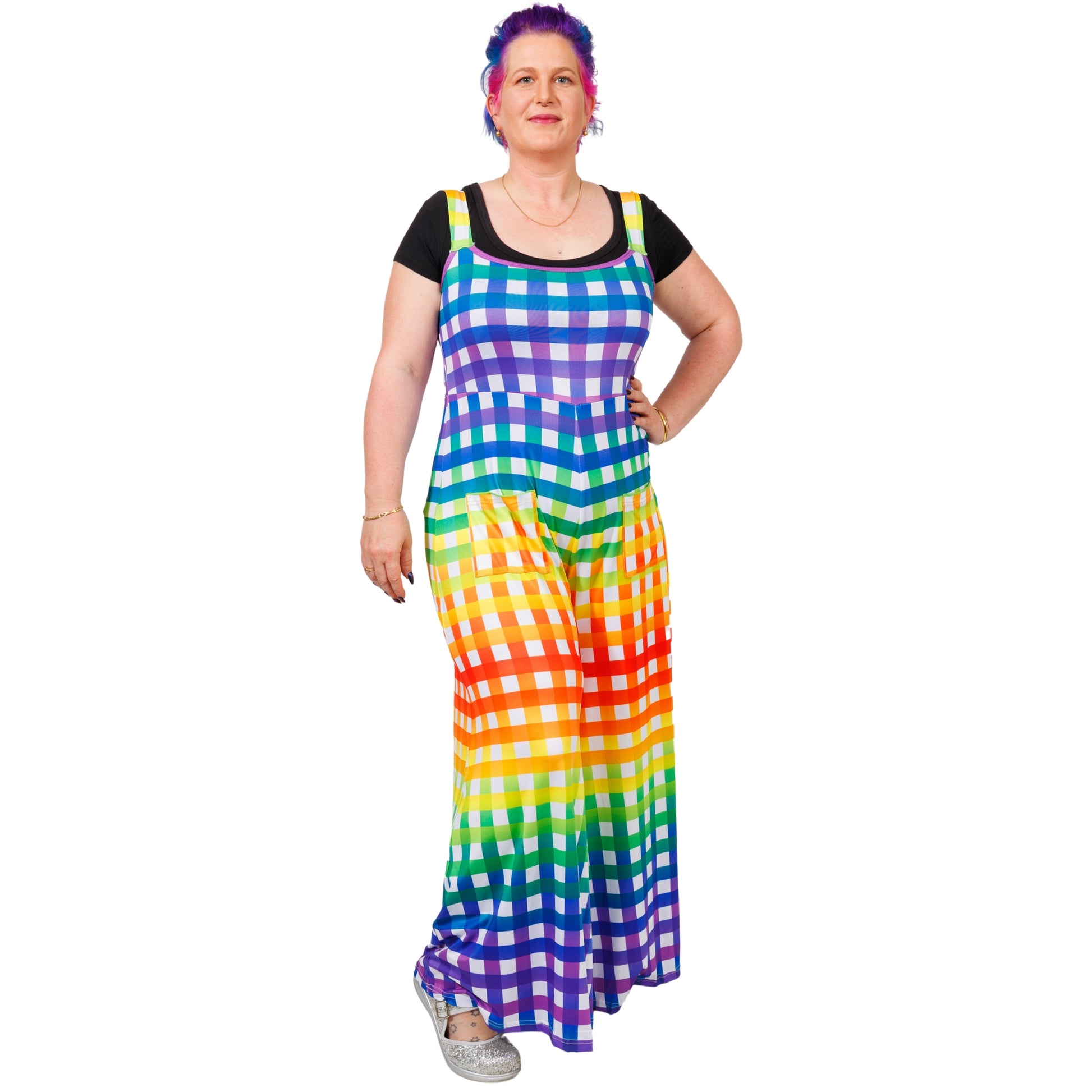 Rainbow Gingham Jumpsuit by RainbowsAndFairies.com.au (Check - Pride - Overalls - Wide Leg Pants - Kitsch - Rockabilly) - SKU: CL_JUMPS_GINGH_RBW - Pic-03