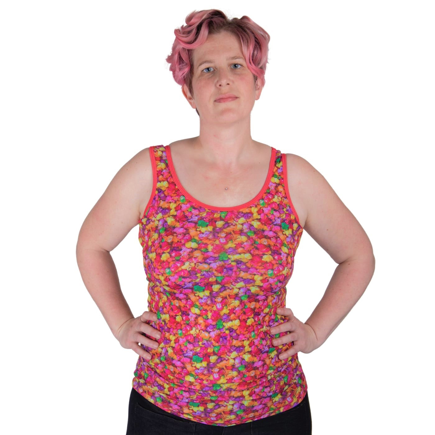 Rainbow Popcorn Singlet Top by RainbowsAndFairies.com.au (Popcorn - Candy Corn - Foodie - Tank Top - Kitsch - Vintage Inspired - Lollies) - SKU: CL_SGLET_PCORN_ORG - Pic-04