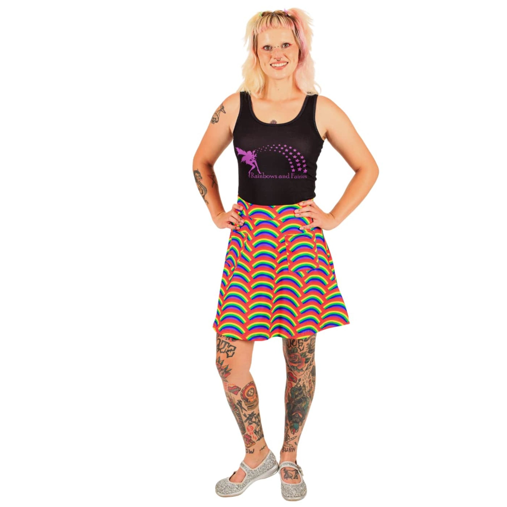 Rainbow Short Skirt by RainbowsAndFairies.com (Rainbows - Pride - Psychedelic - Skirt With Pockets - Rockabilly - Vintage Inspired) - SKU: CL_SHORT_RAINB_ORG - Pic 03