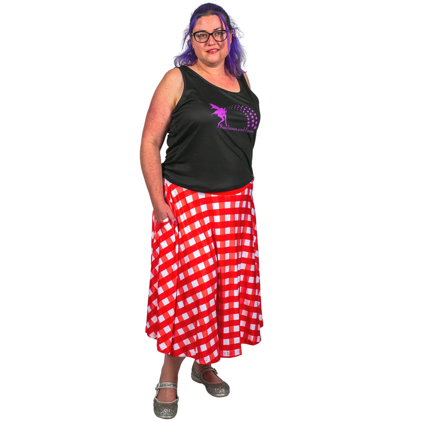 Red Gingham Swishy Skirt by RainbowsAndFairies.com (Check - Picnic - Skirt With Pockets - Circle Skirt  - Vintage Inspired) - SKU: CL_SWISH_GINGH_RED - Pic 02