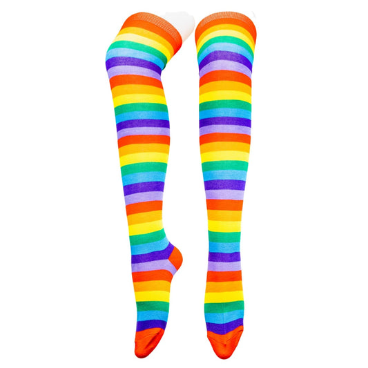 Red Rainbow Stripe Over The Knee Socks by RainbowsAndFairies.com.au (Stripe Long Socks - Rainbow - Stockings - Colourful Socks - Vintage Inspired) - SKU: FW_SOCKL_RAINB_RED - Pic-01