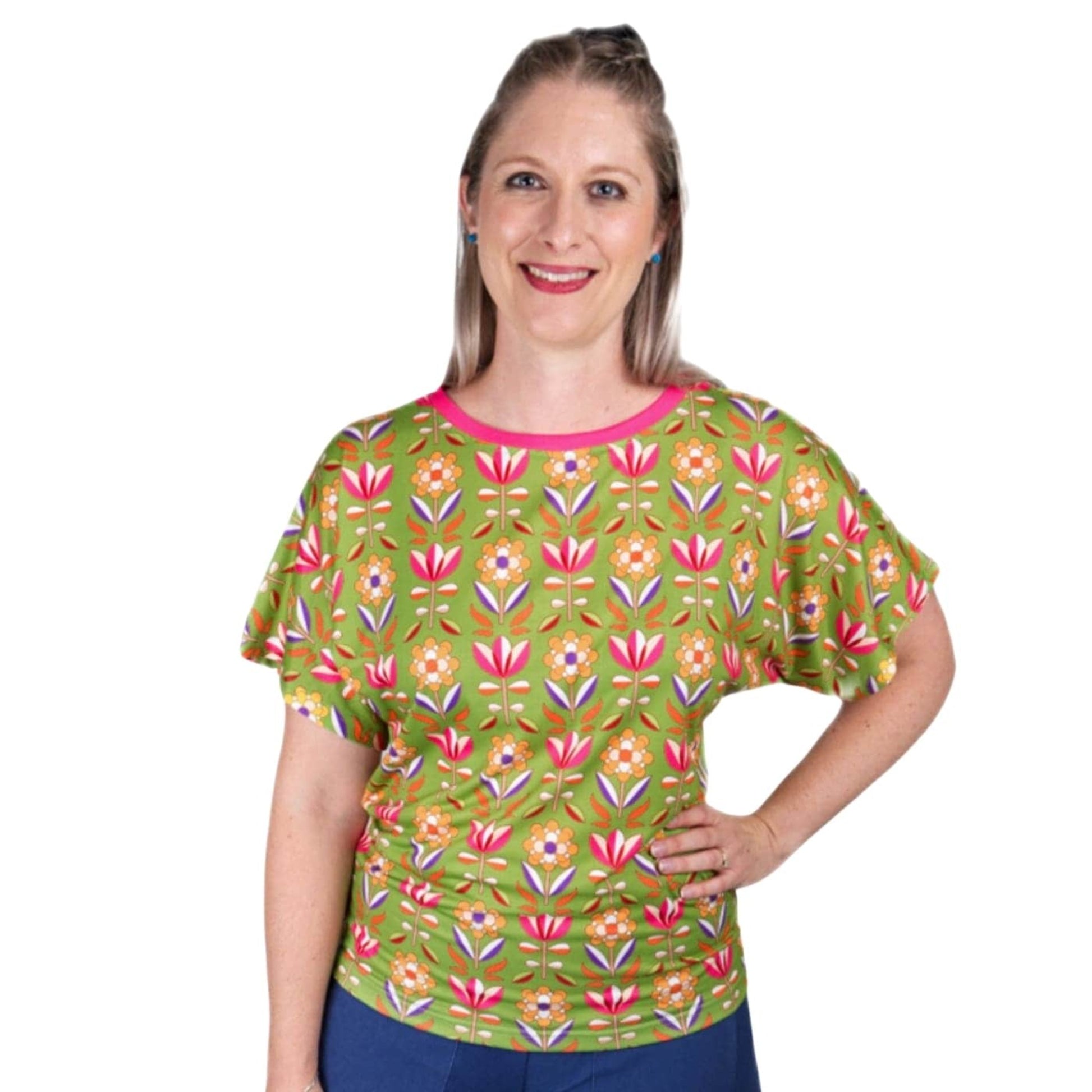 Retro Flower Batwing Top by RainbowsAndFairies.com.au (70s Wallpaper - Floral Print - Psychedelic - Tulip - Vintage Inspired - Kitsch - Knit Top - Mod) - SKU: CL_BATOP_RETFL_ORG - Pic-05