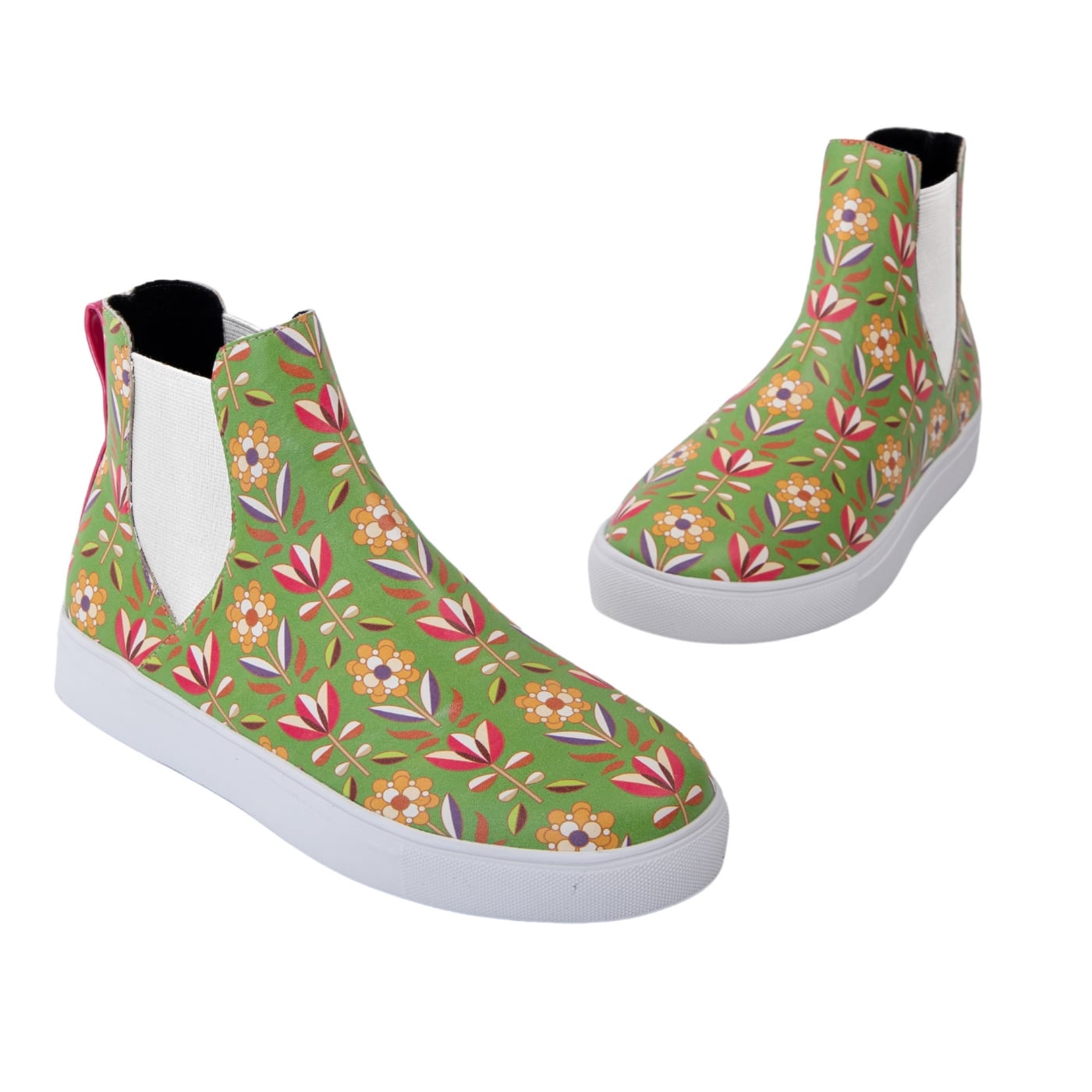 Retro Flower Hi Tops by RainbowsAndFairies.com.au (Floral Print - Chelsea Boots - Tulips - Flowers - Vegan - Mismatched Shoes - Elastic Side Boots) - SKU: FW_HITOP_RETFL_ORG - Pic-01