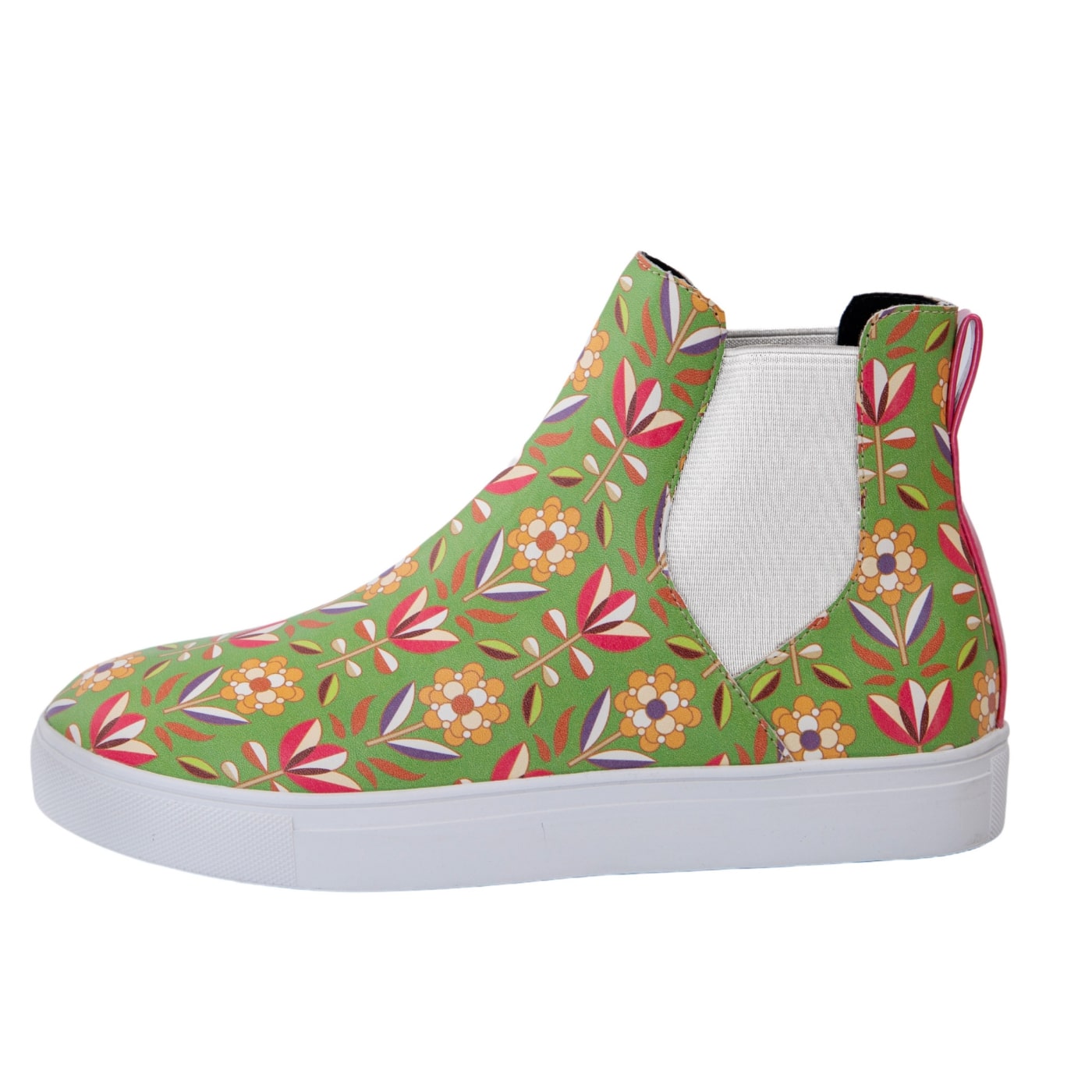 Retro Flower Hi Tops by RainbowsAndFairies.com.au (Floral Print - Chelsea Boots - Tulips - Flowers - Vegan - Mismatched Shoes - Elastic Side Boots) - SKU: FW_HITOP_RETFL_ORG - Pic-03