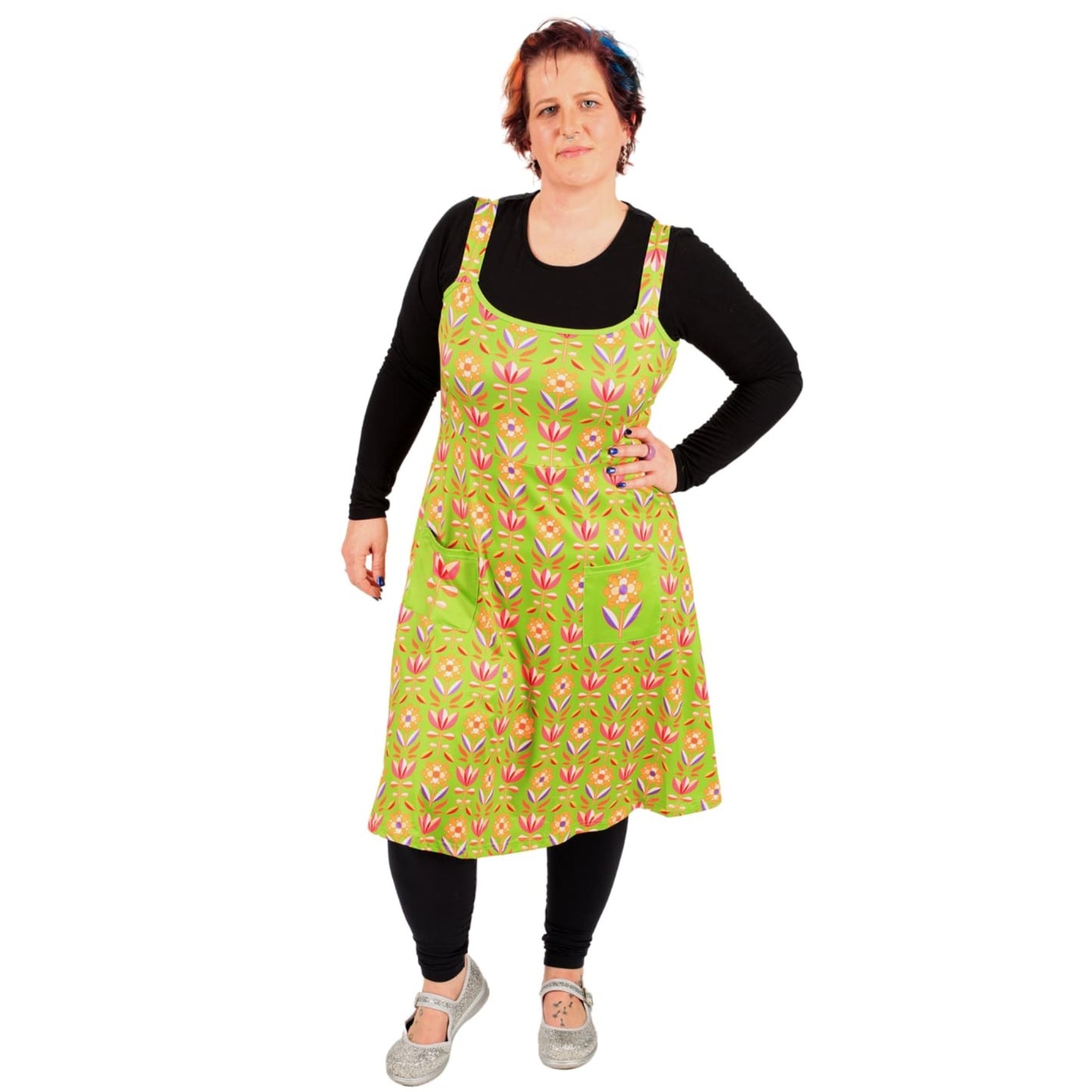 Retro Flower Pinafore by RainbowsAndFairies.com.au (Floral - 70s Wallpaper - Dress With Pockets - Pinny - Kitsch - Rockabilly - Vintage Inspired) - SKU: CL_PFORE_RETFL_ORG - Pic-02