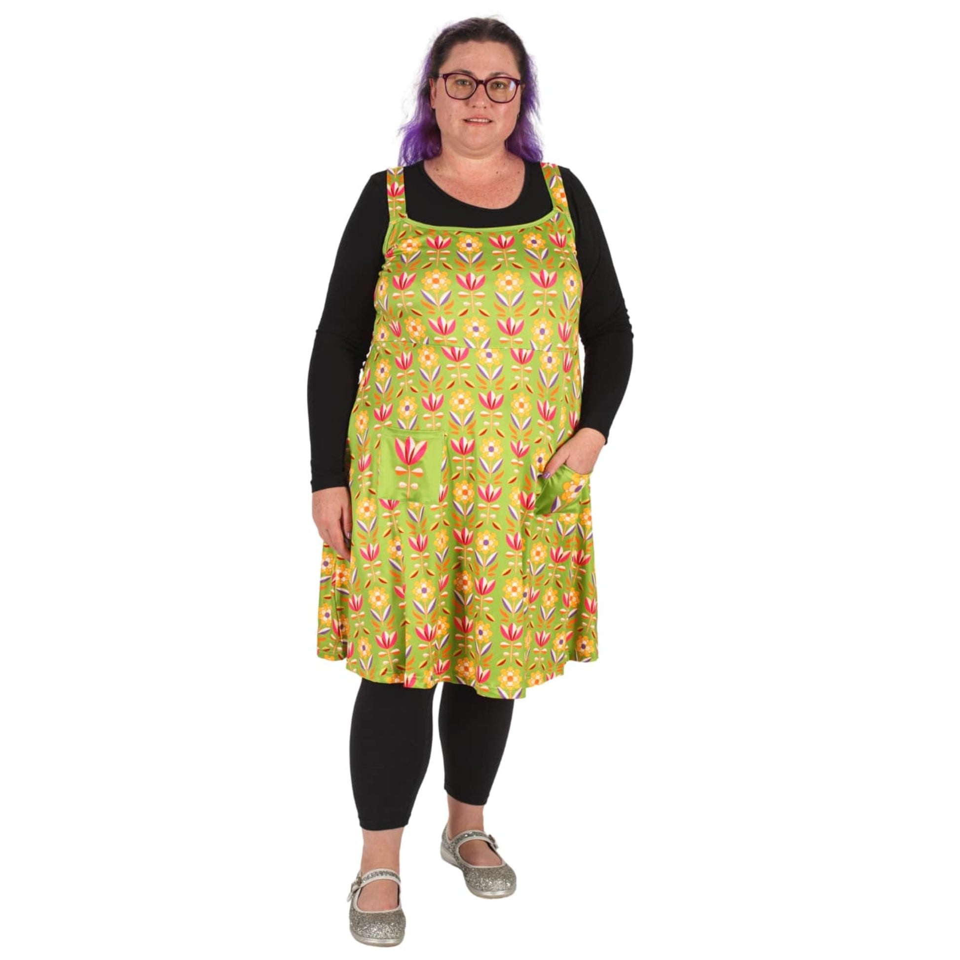 Retro Flower Pinafore by RainbowsAndFairies.com.au (Floral - 70s Wallpaper - Dress With Pockets - Pinny - Kitsch - Rockabilly - Vintage Inspired) - SKU: CL_PFORE_RETFL_ORG - Pic-05