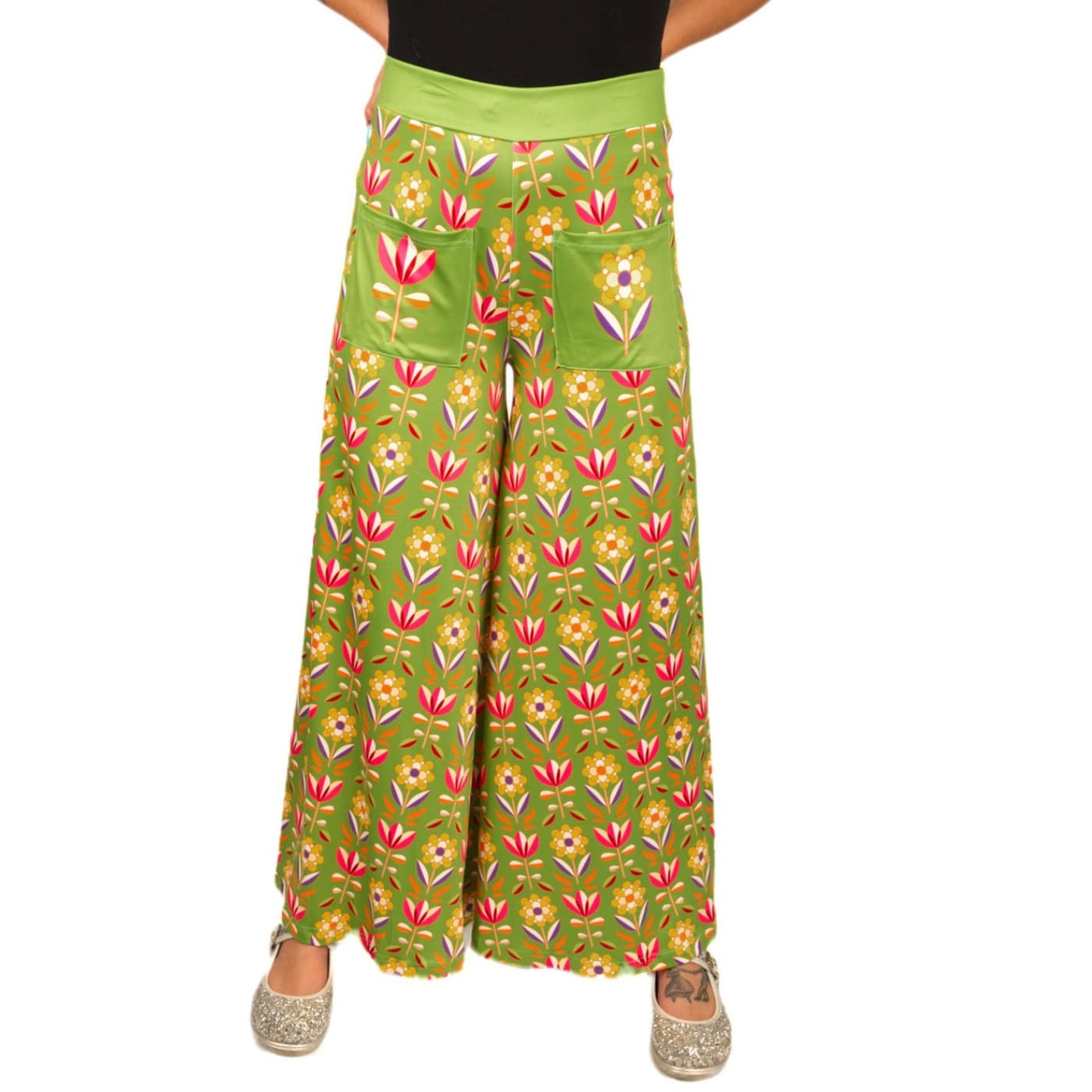 Retro Flower Wide Leg Pants by RainbowsAndFairies.com.au (70s Wallpaper - Psychedelic - Tulip - Pants With Pockets - Vintage Inspired - Flares - Floral) - SKU: CL_WIDEL_RETFL_ORG - Pic-01