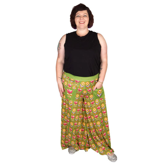 Retro Flower Wide Leg Pants by RainbowsAndFairies.com.au (70s Wallpaper - Psychedelic - Tulip - Pants With Pockets - Vintage Inspired - Flares - Floral) - SKU: CL_WIDEL_RETFL_ORG - Pic-04