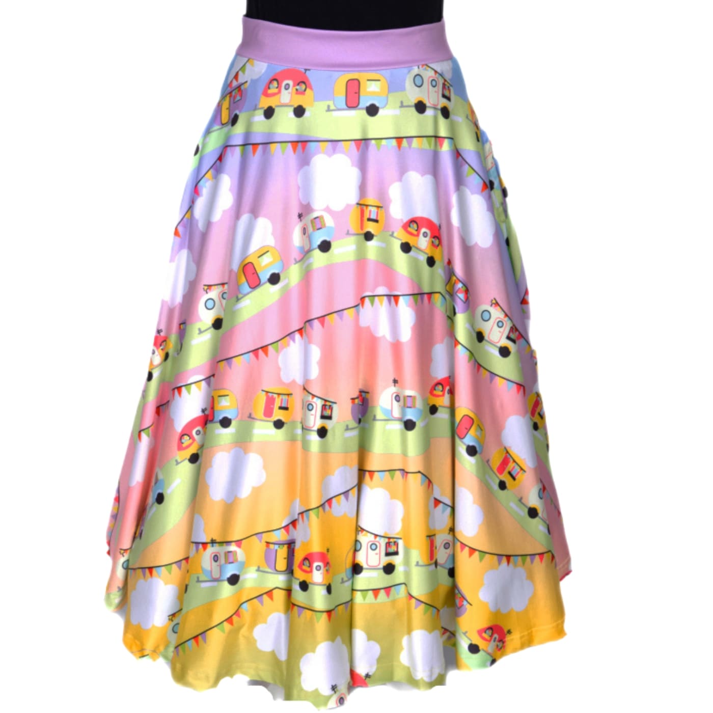Road Trip Swishy Skirt by RainbowsAndFairies.com.au (Vintage Caravan - Campervan - Pastel - Kawaii - Kitsch - Skirt With Pockets - Circle Skirt) - SKU: CL_SWISH_RTRIP_ORG - Pic-02