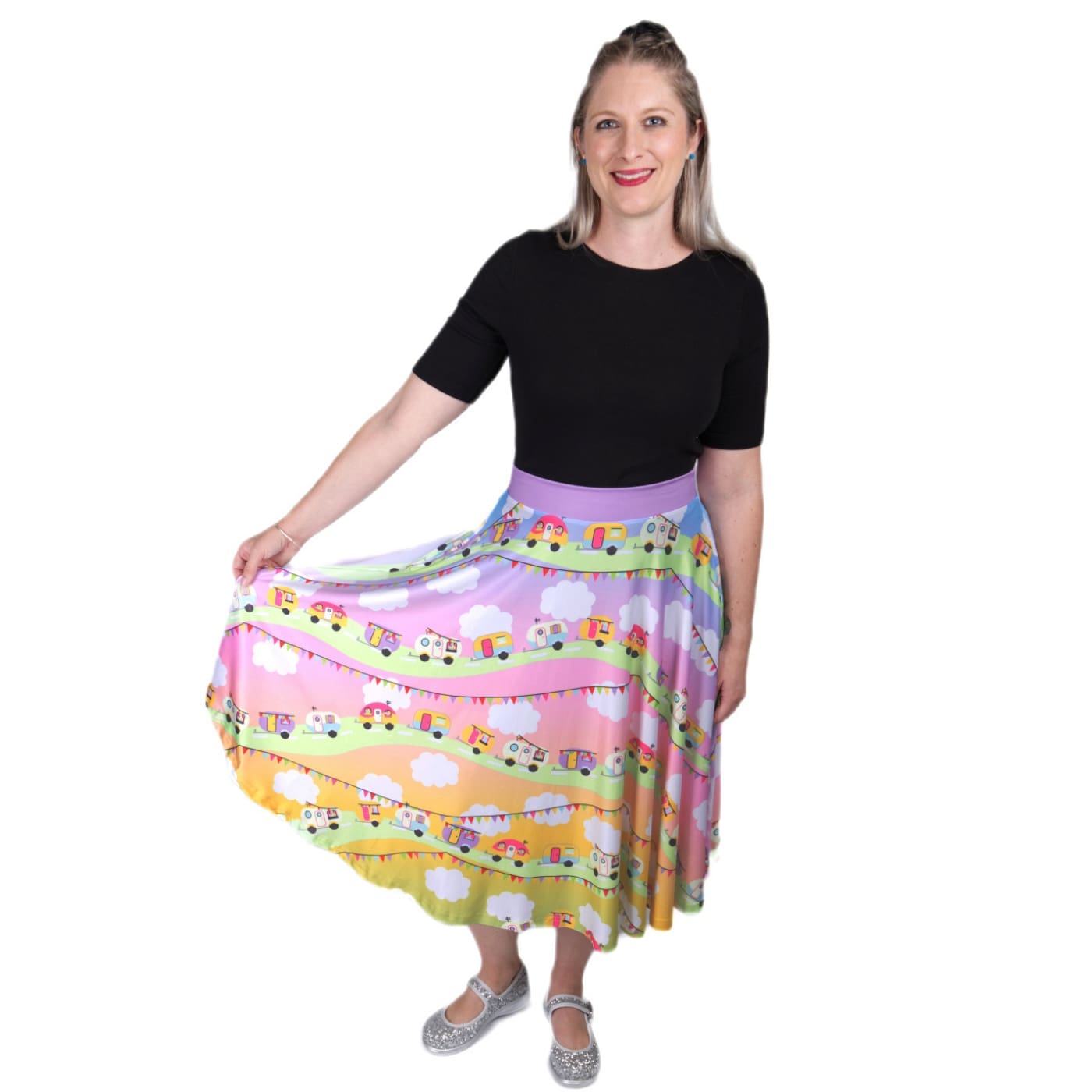 Road Trip Swishy Skirt by RainbowsAndFairies.com.au (Vintage Caravan - Campervan - Pastel - Kawaii - Kitsch - Skirt With Pockets - Circle Skirt) - SKU: CL_SWISH_RTRIP_ORG - Pic-03