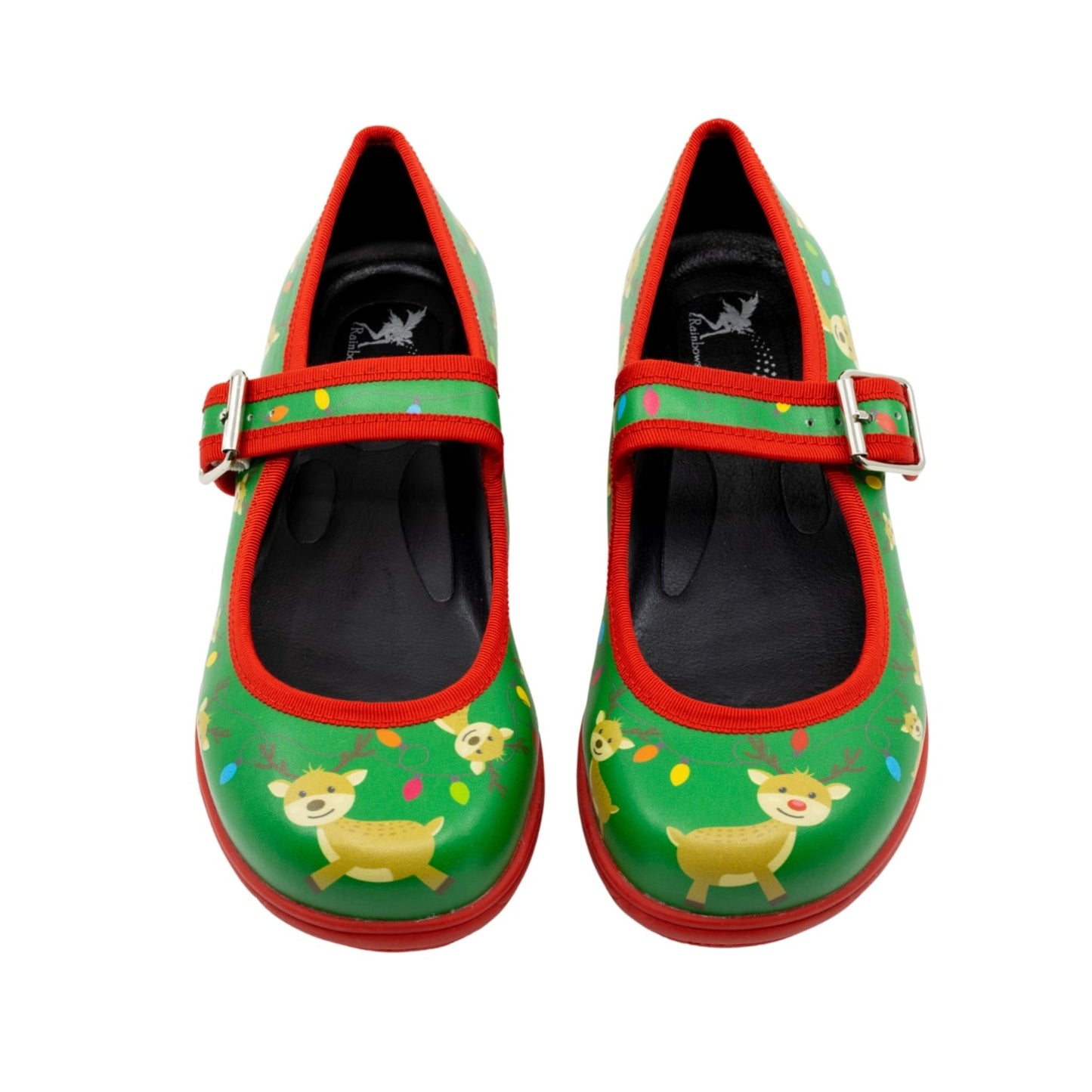 Santa's Helper Mary Janes by RainbowsAndFairies.com.au (Reindeer - Christmas Shoes - Merry Christmas - Buckle Up Shoes - Mismatched Shoes - Festive) - SKU: FW_MARYJ_SHELP_ORG - Pic-02