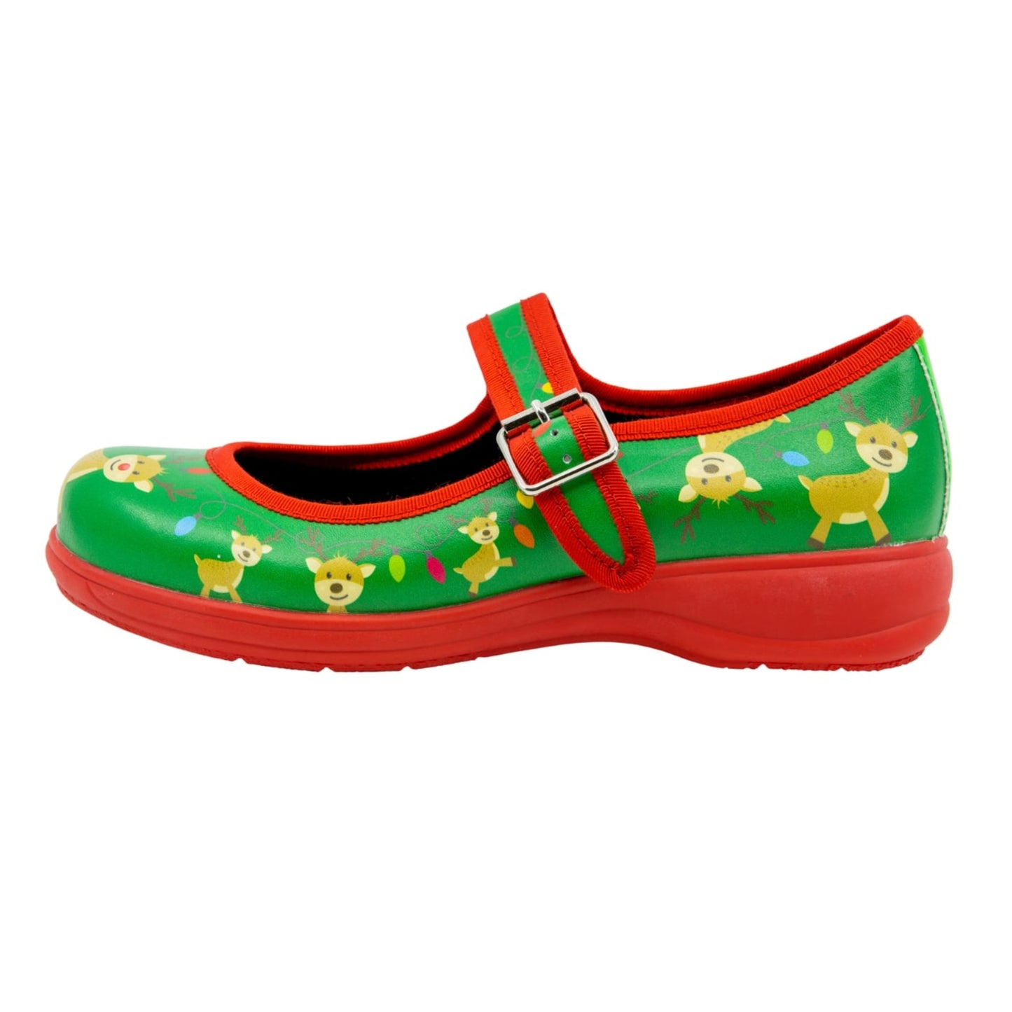 Santa's Helper Mary Janes by RainbowsAndFairies.com.au (Reindeer - Christmas Shoes - Merry Christmas - Buckle Up Shoes - Mismatched Shoes - Festive) - SKU: FW_MARYJ_SHELP_ORG - Pic-03