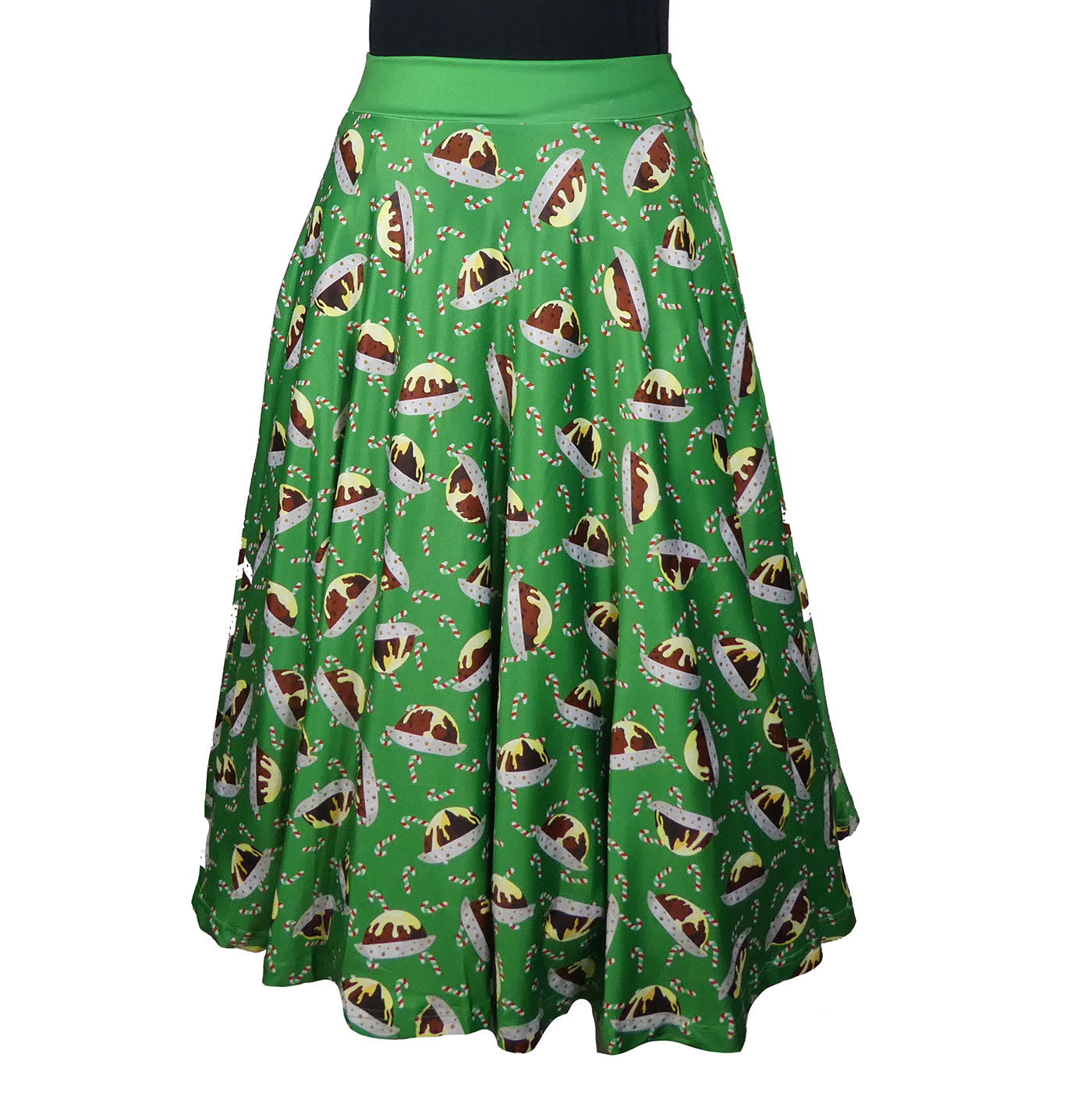 Santa's Pudding Swishy Skirt by RainbowsAndFairies.com.au (Christmas Pudding - Candy Cane - Skirt With Pockets - Circle Skirt - Vintage Inspired) - SKU: CL_SWISH_SAPUD_ORG - Pic-01