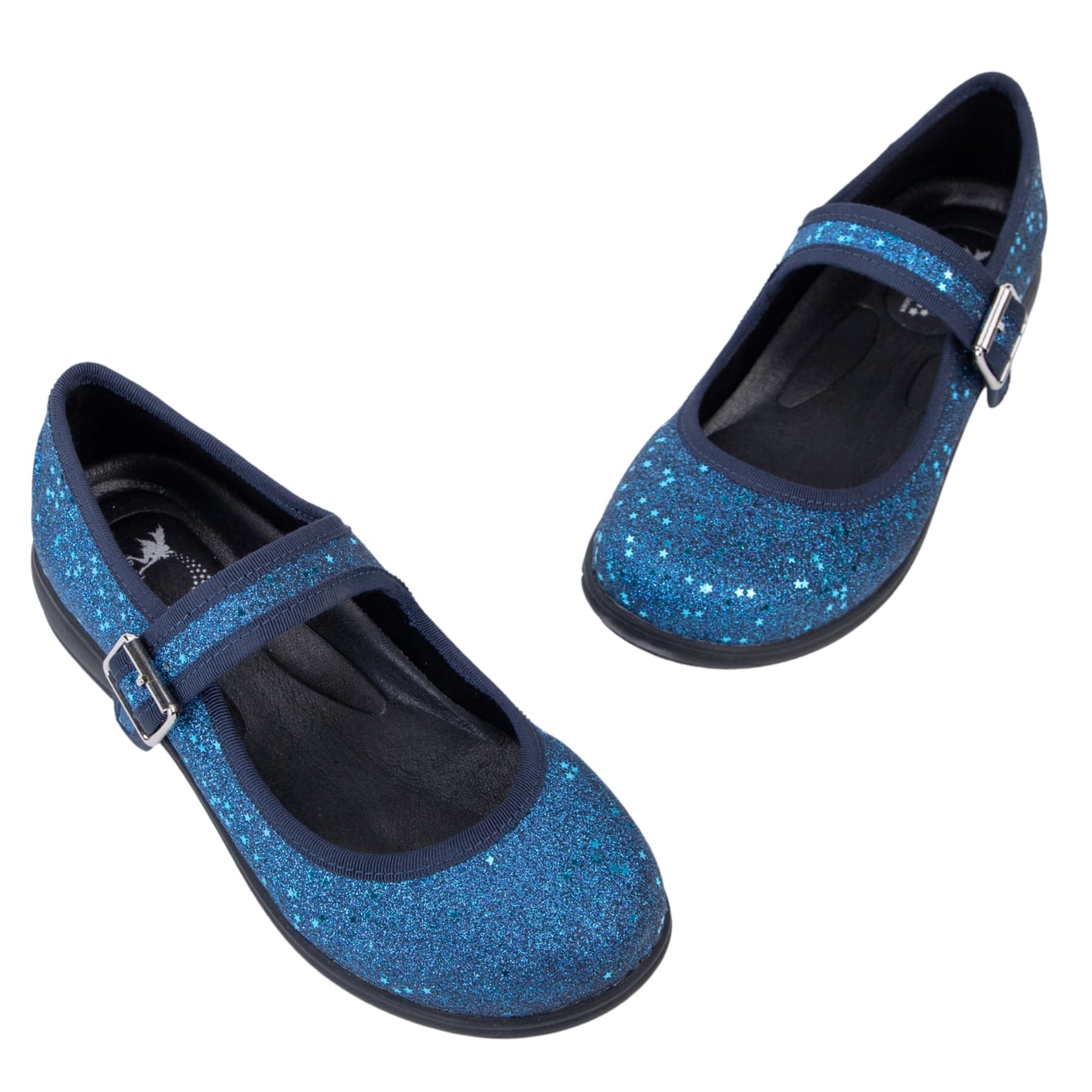Sapphire Mary Janes by RainbowsAndFairies.com (Blue Glitter - Stars - Sparkle Shoes - Mary Janes - Buckle Up Shoes - Mismatched Shoes) - SKU: FW_MARYJ_SAPPH_ORG - Pic 01