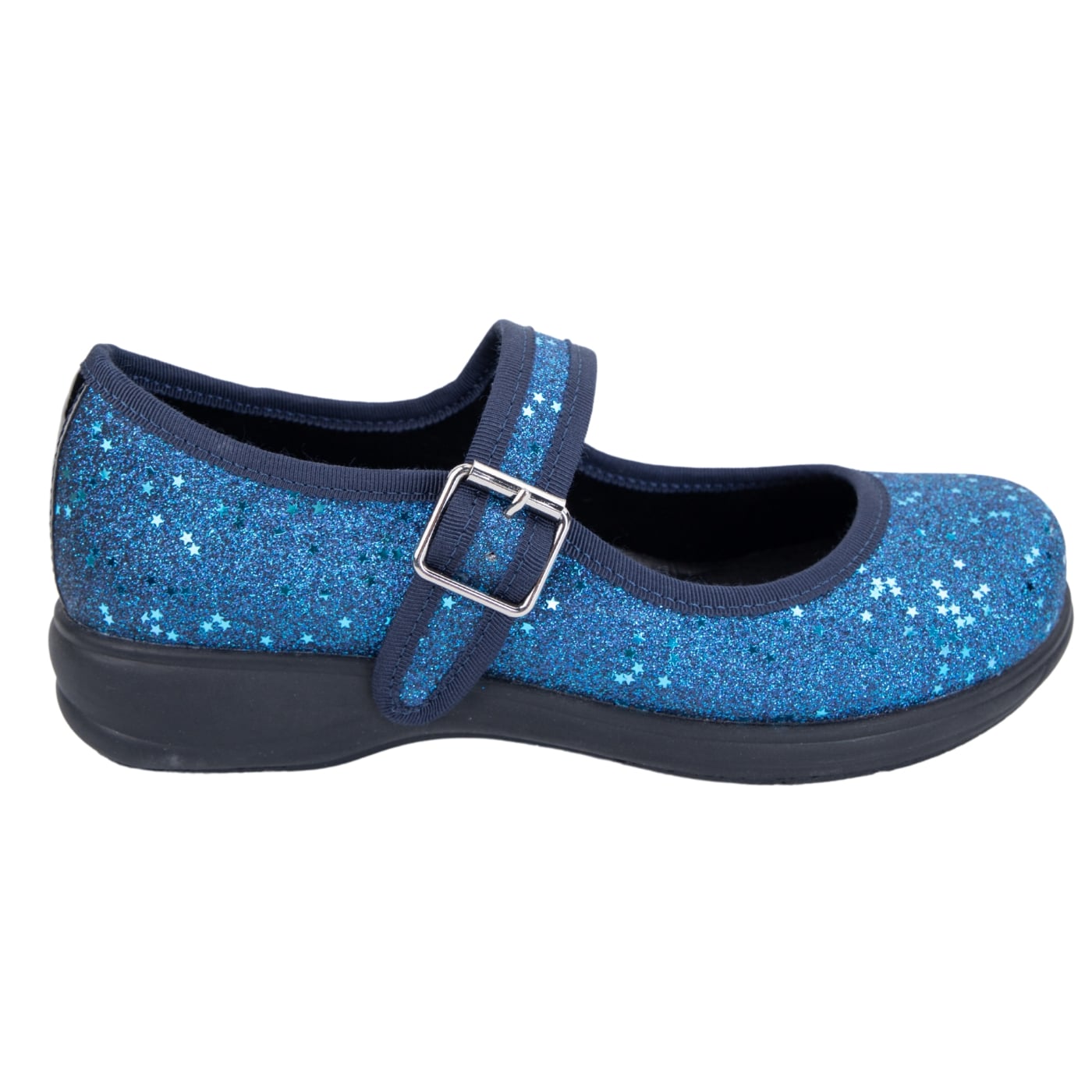 Sapphire Mary Janes by RainbowsAndFairies.com (Blue Glitter - Stars - Sparkle Shoes - Mary Janes - Buckle Up Shoes - Mismatched Shoes) - SKU: FW_MARYJ_SAPPH_ORG - Pic 03