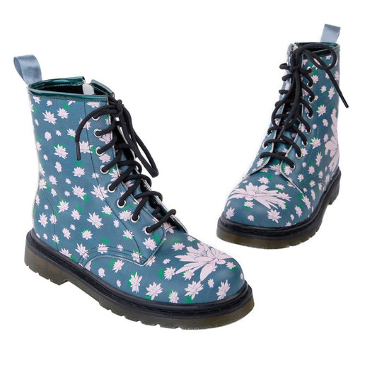Serene Wonder Boots by RainbowsAndFairies.com.au (Lotus Flower - Floral Boots - Flowers - Combat Boots - Side Zip Boots - Mismatched Shoes) - SKU: FW_WONDR_SRENE_ORG - Pic-01