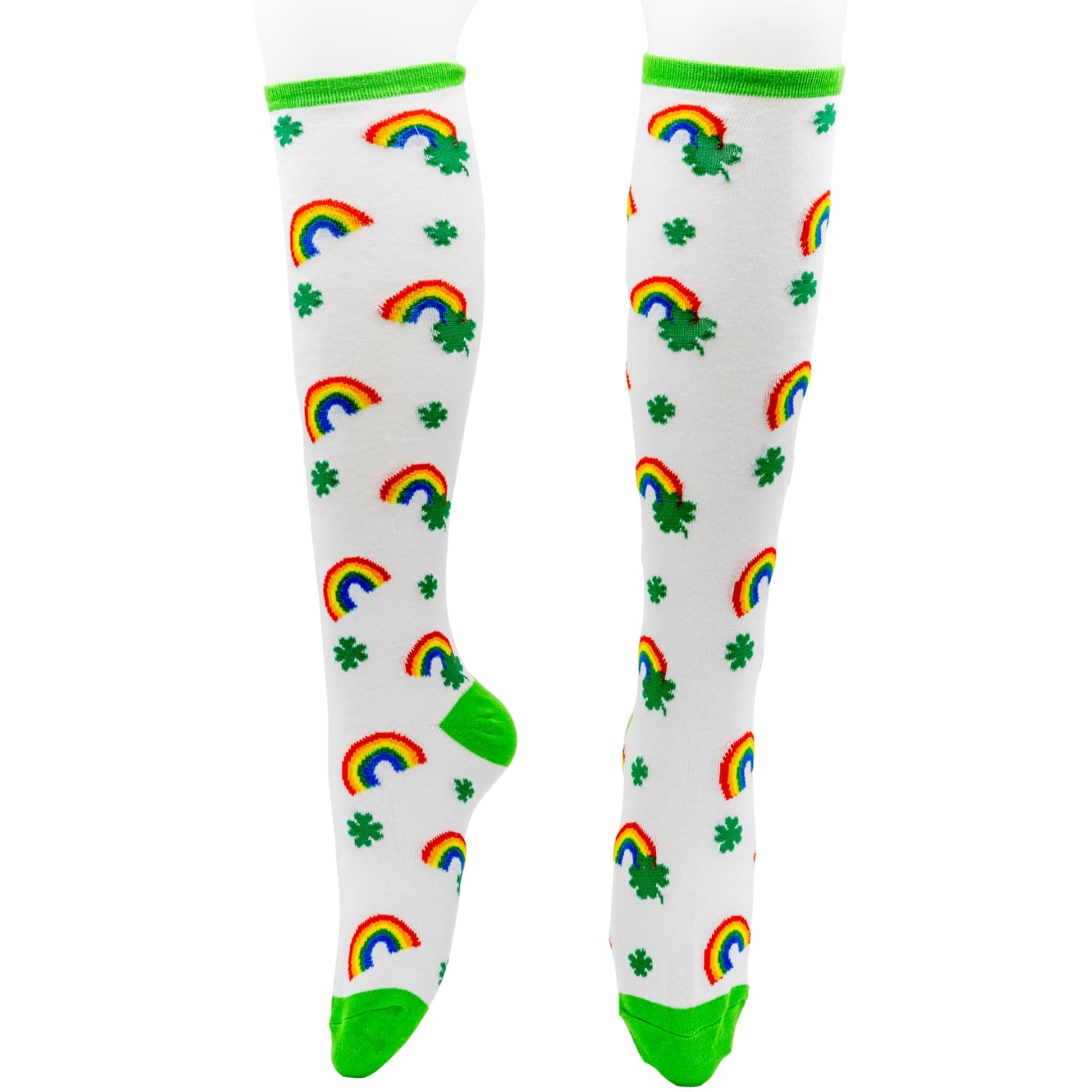 Shamrock Rainbow Stripe Knee High Socks by RainbowsAndFairies.com.au (Stripe Long Socks - Rainbow - Stockings - Colourful Socks - Vintage Inspired) - SKU: FW_SOCKS_RAINB_SHA - Pic-01