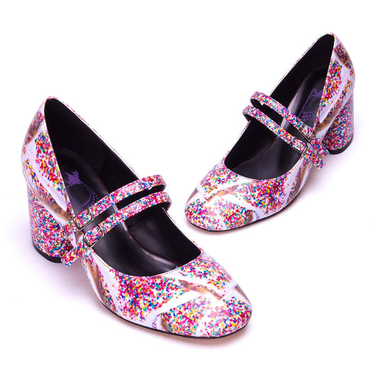 Sprinkles Heels by RainbowsAndFairies.com (Fairy Bread - 100s & 100s - Party Food - Quirky Shoes - Comfy Heels - Kitten Heels) - SKU: FW_HEELS_SPRNK_ORG - Pic 01