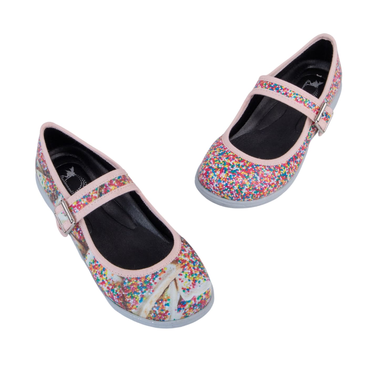 Sprinkles Mary Janes by RainbowsAndFairies.com.au (Fairy Bread - 100s & 1000s - Mismatched Shoes - Glitter Soles - Glitter - Quirky) - SKU: FW_MARYJ_SPRNK_ORG - Pic-01