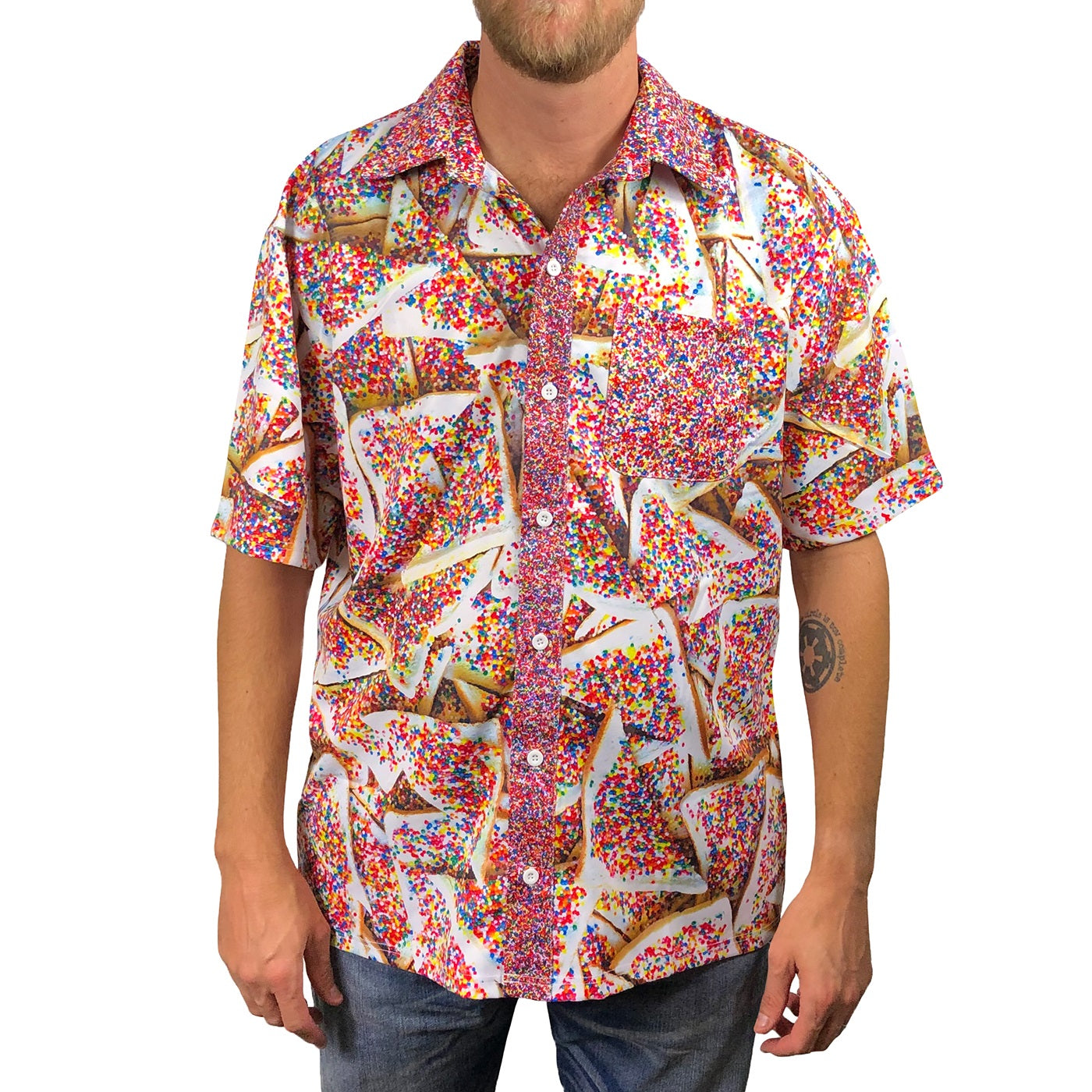 Sprinkles Mens Shirt by RainbowsAndFairies.com (Fairy Bread - Hundreds & Thousands - Bowling shirt - Hawaiian Shirt - Rockabilly - Rock & Roll) - SKU: CL_BLOKE_SPRNK_ORG - Pic 01
