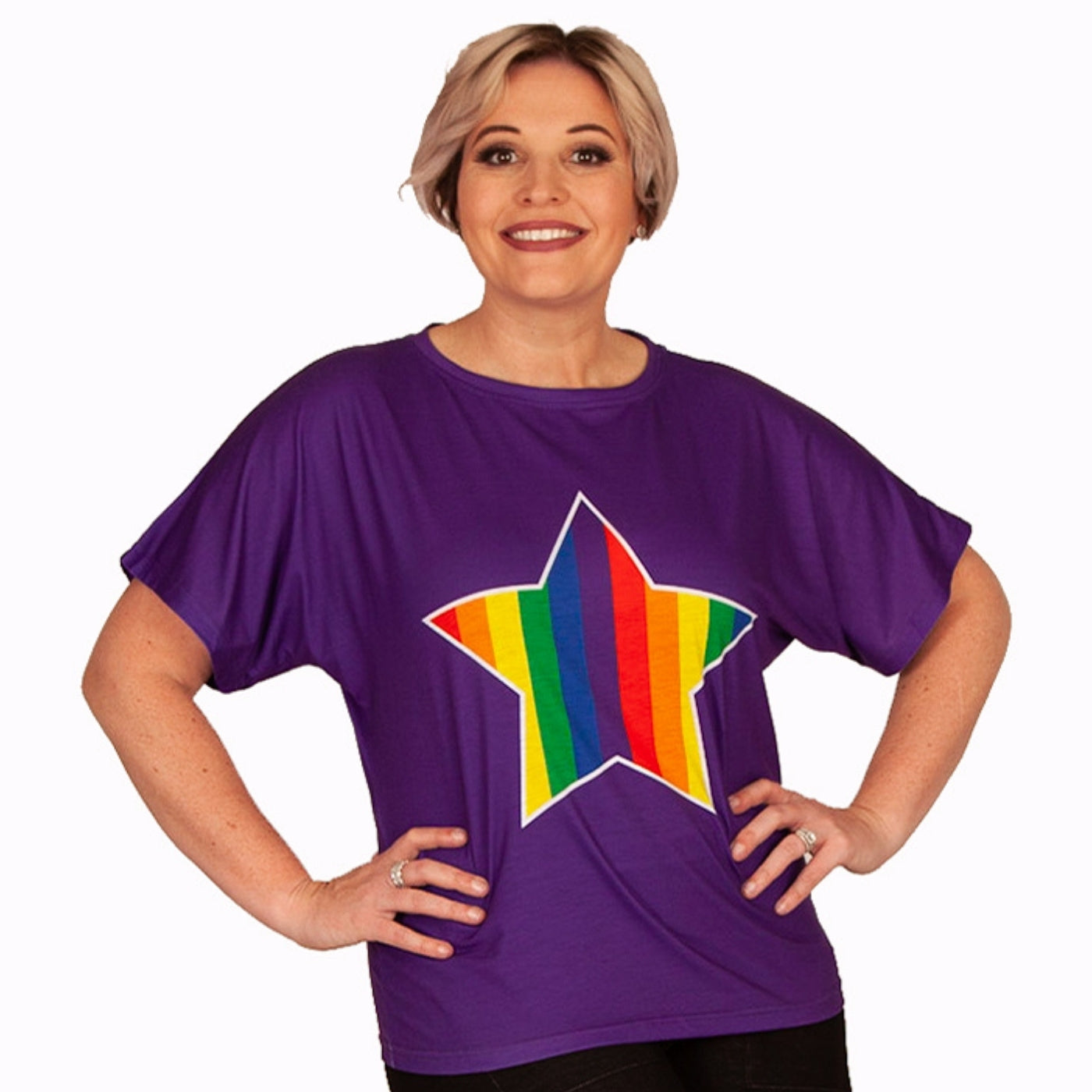 Starburst Batwing Top by RainbowsAndFairies.com.au (Rainbow Star - Purple - Rainbow Brite - Retro Knit Top - Mod - Vintage Inspired - Kitsch) - SKU: CL_BATOP_STARB_ORG - Pic-03