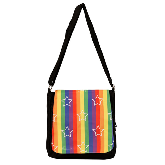 Starburst Messenger Bag by RainbowsAndFairies.com.au (Rainbow Brite - Rainbow Stripes - Pride - Satchel Bag - Interchangeable Cover - Handbag - Stars) - SKU: BG_SATCH_STARB_ORG - Pic-01