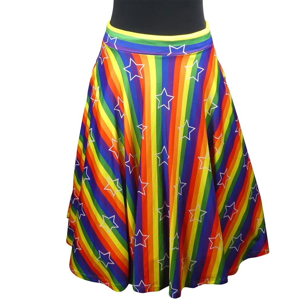 Starburst Swishy Skirt by RainbowsAndFairies.com.au (Rainbow Brite Inspired - Stars - Pride - Rainbow Stripes - Circle Skirt With Pockets - Mod Retro) - SKU: CL_SWISH_STARB_ORG - Pic-01