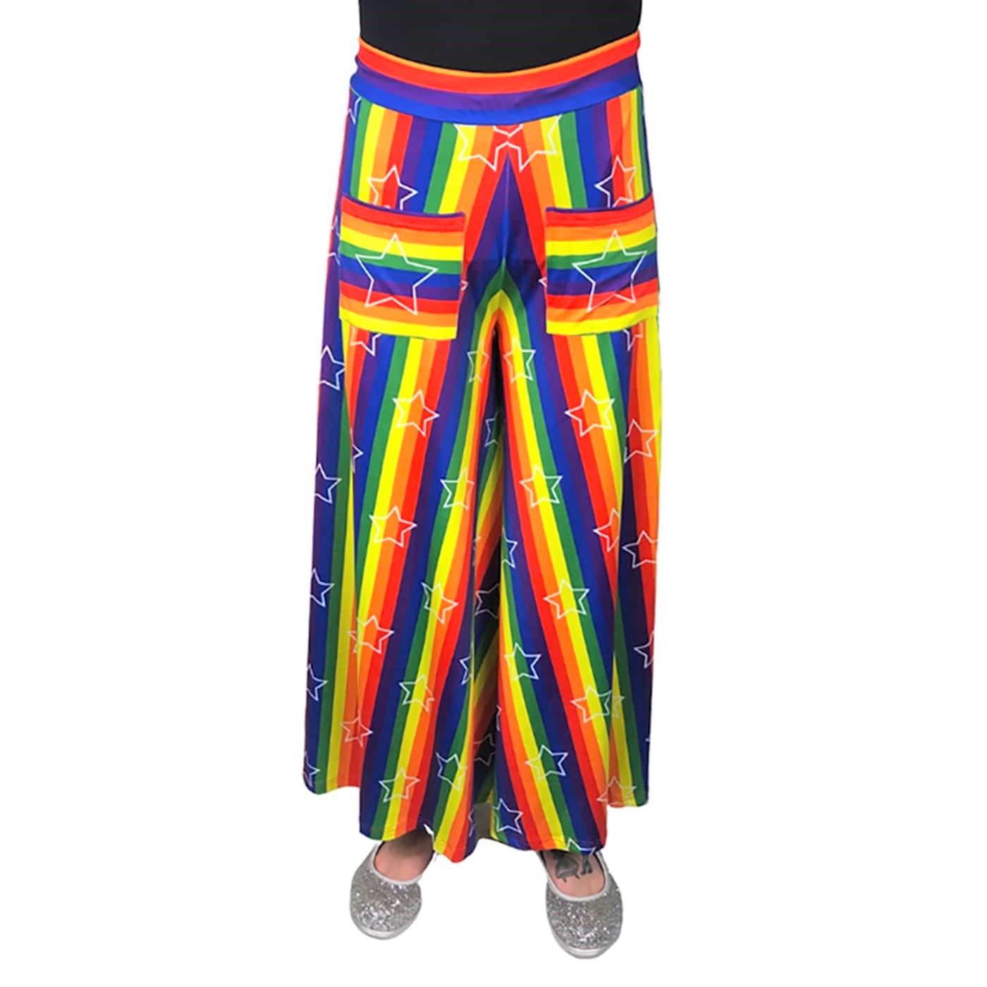 Starburst Wide Leg Pants by RainbowsAndFairies.com.au (Pants With Pockets - Flares - Pallazo Pants - Rainbow Brite - Pride - Stars - Rainbow Stripes) - SKU: CL_WIDEL_STARB_ORG - Pic-01