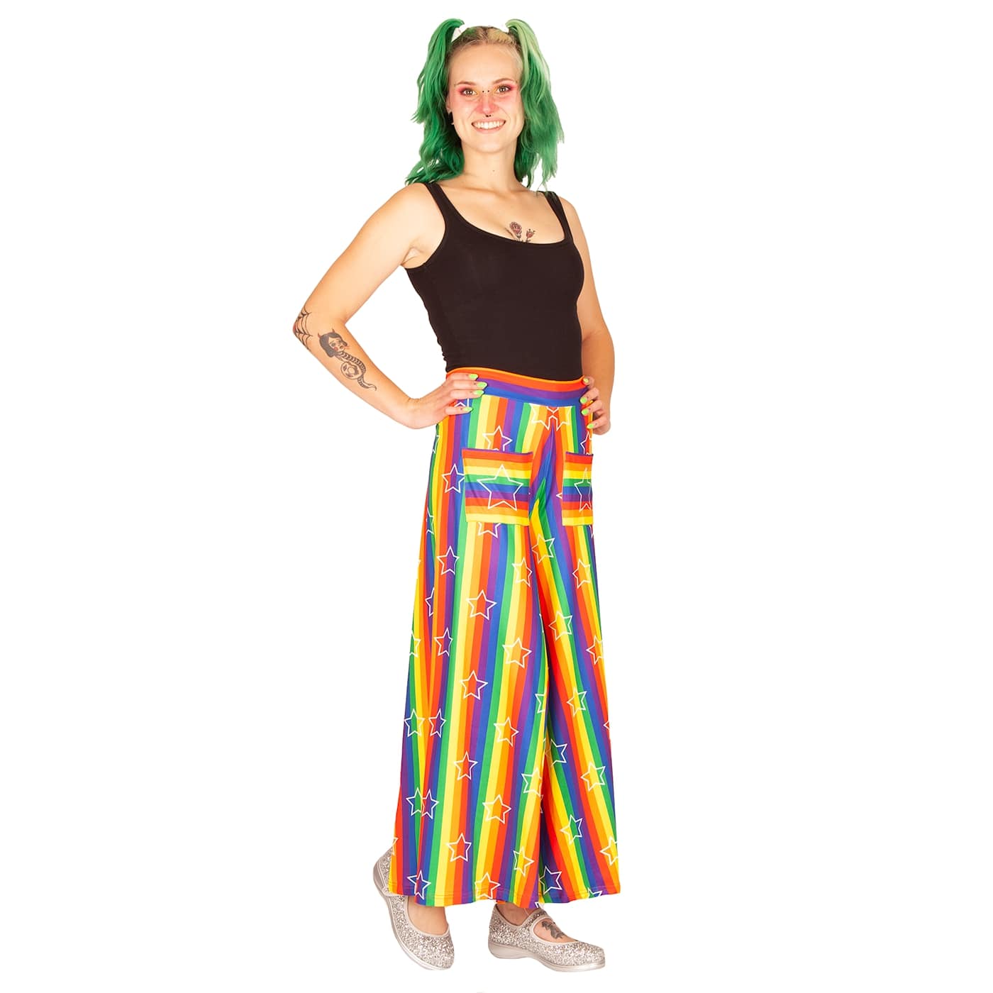 Starburst Wide Leg Pants by RainbowsAndFairies.com.au (Pants With Pockets - Flares - Pallazo Pants - Rainbow Brite - Pride - Stars - Rainbow Stripes) - SKU: CL_WIDEL_STARB_ORG - Pic-03