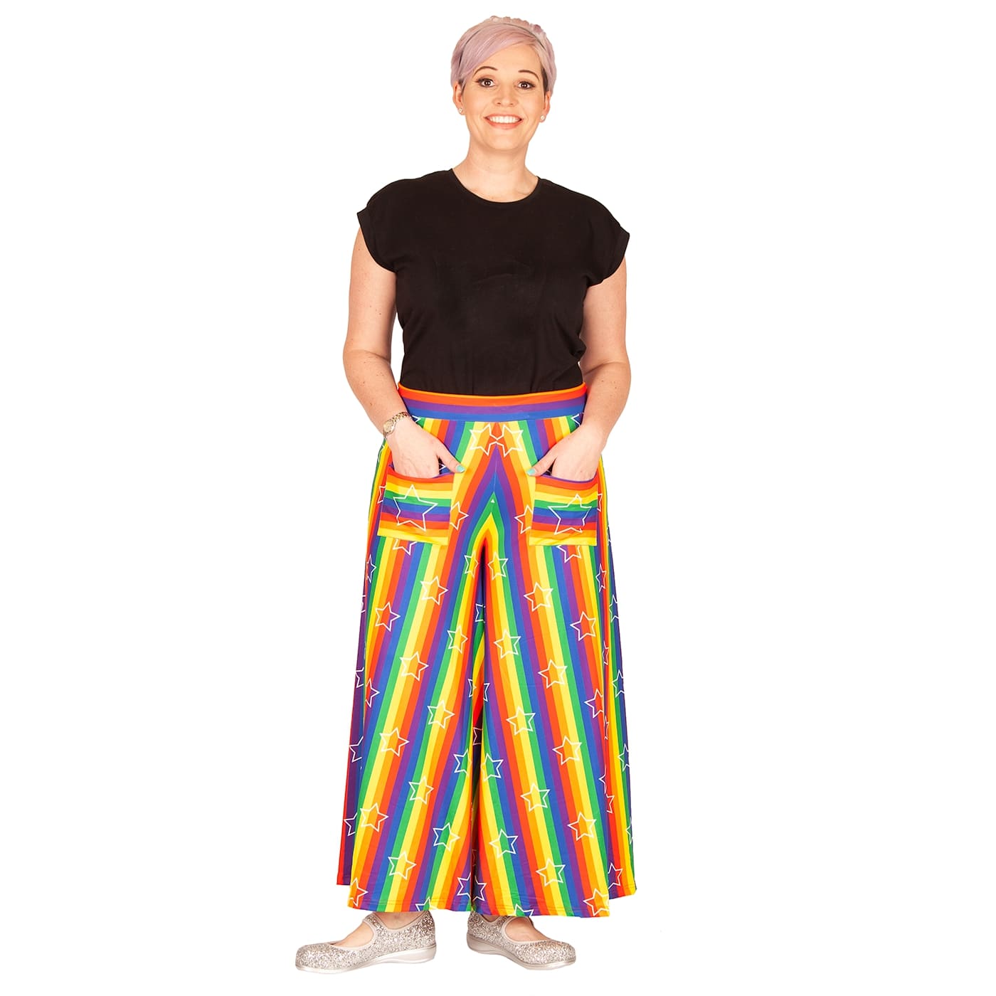 Starburst Wide Leg Pants by RainbowsAndFairies.com.au (Pants With Pockets - Flares - Pallazo Pants - Rainbow Brite - Pride - Stars - Rainbow Stripes) - SKU: CL_WIDEL_STARB_ORG - Pic-04