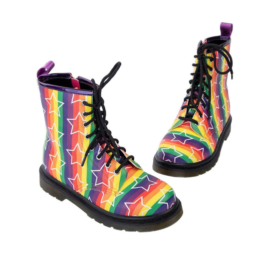 Starburst Wonder Boots by RainbowsAndFairies.com.au (Rainbow Brite - Pride - Stripes - Combat Boots - Side Zip Boots - Mismatched Shoes) - SKU: FW_WONDR_STARB_ORG - Pic-01