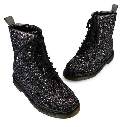 Starry Night Wonder Boots by RainbowsAndFairies.com.au (Black Glitter - Holographic - Metallic - Glitter Boots - Combat Boots - Side Zip Boot) - SKU: FW_WONDR_GLITR_STR - Pic-01