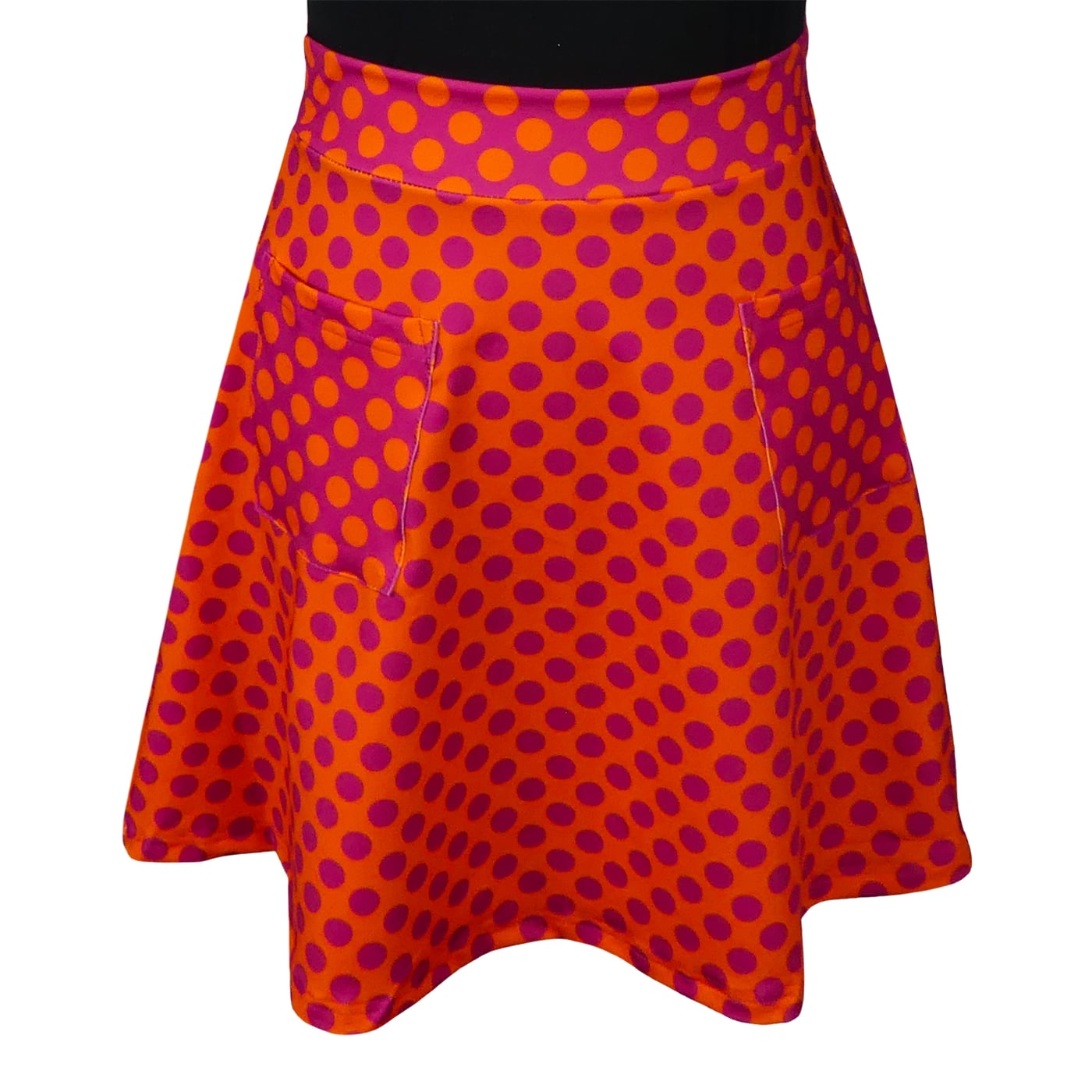 Sunrise Short Skirt by RainbowsAndFairies.com (Purple Orange - Polka Dots - Psychedelic - Skirt With Pockets - Aline Skirt - Cute Flirty - Vintage Inspired) - SKU: CL_SHORT_SUNRS_ORG - Pic 01