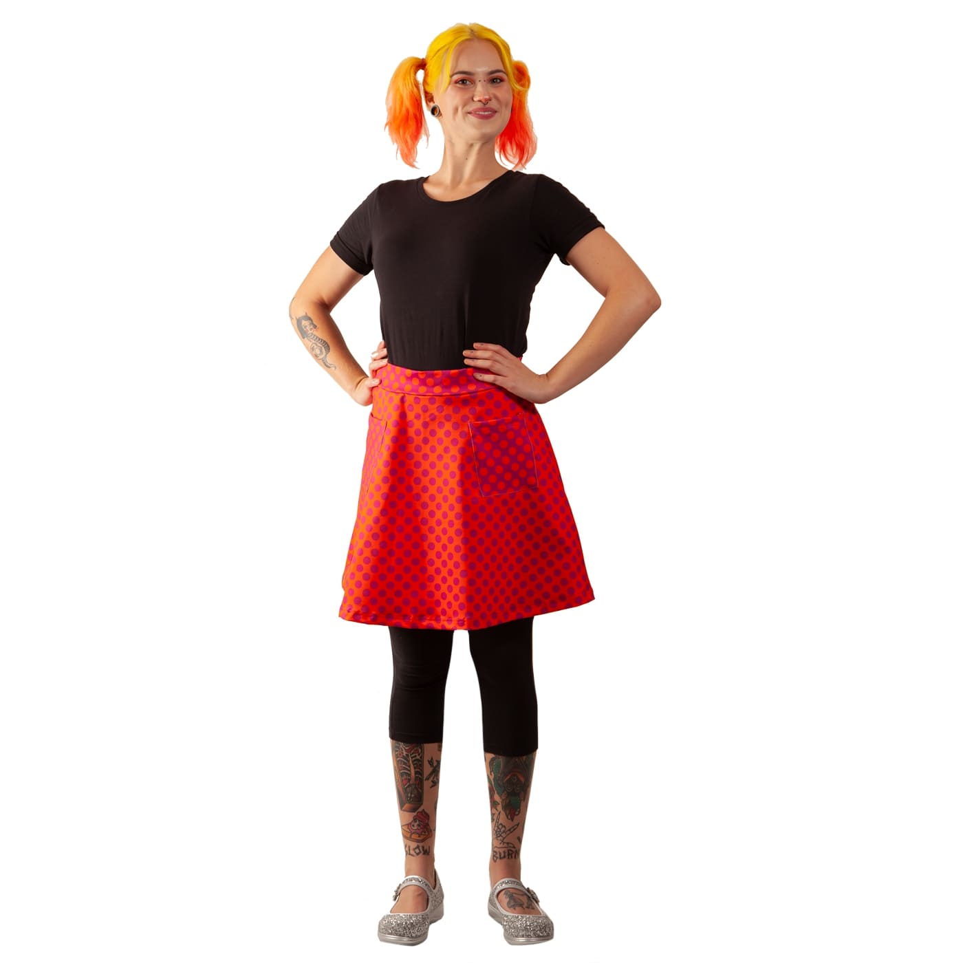 Sunrise Short Skirt by RainbowsAndFairies.com (Purple Orange - Polka Dots - Psychedelic - Skirt With Pockets - Aline Skirt - Cute Flirty - Vintage Inspired) - SKU: CL_SHORT_SUNRS_ORG - Pic 03