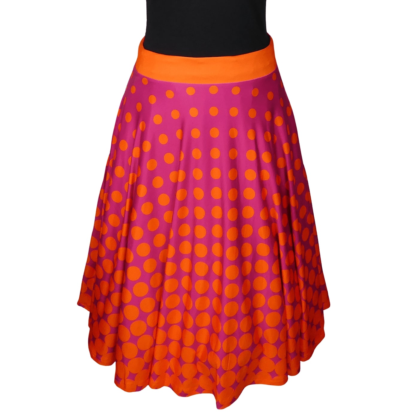 Sunrise Swishy Skirt by RainbowsAndFairies.com.au (Orange & Purple - Polka Dots - Psychedelic - Rockabilly - Circle Skirt With Pockets - Mod Retro) - SKU: CL_SWISH_SUNRS_ORG - Pic-01