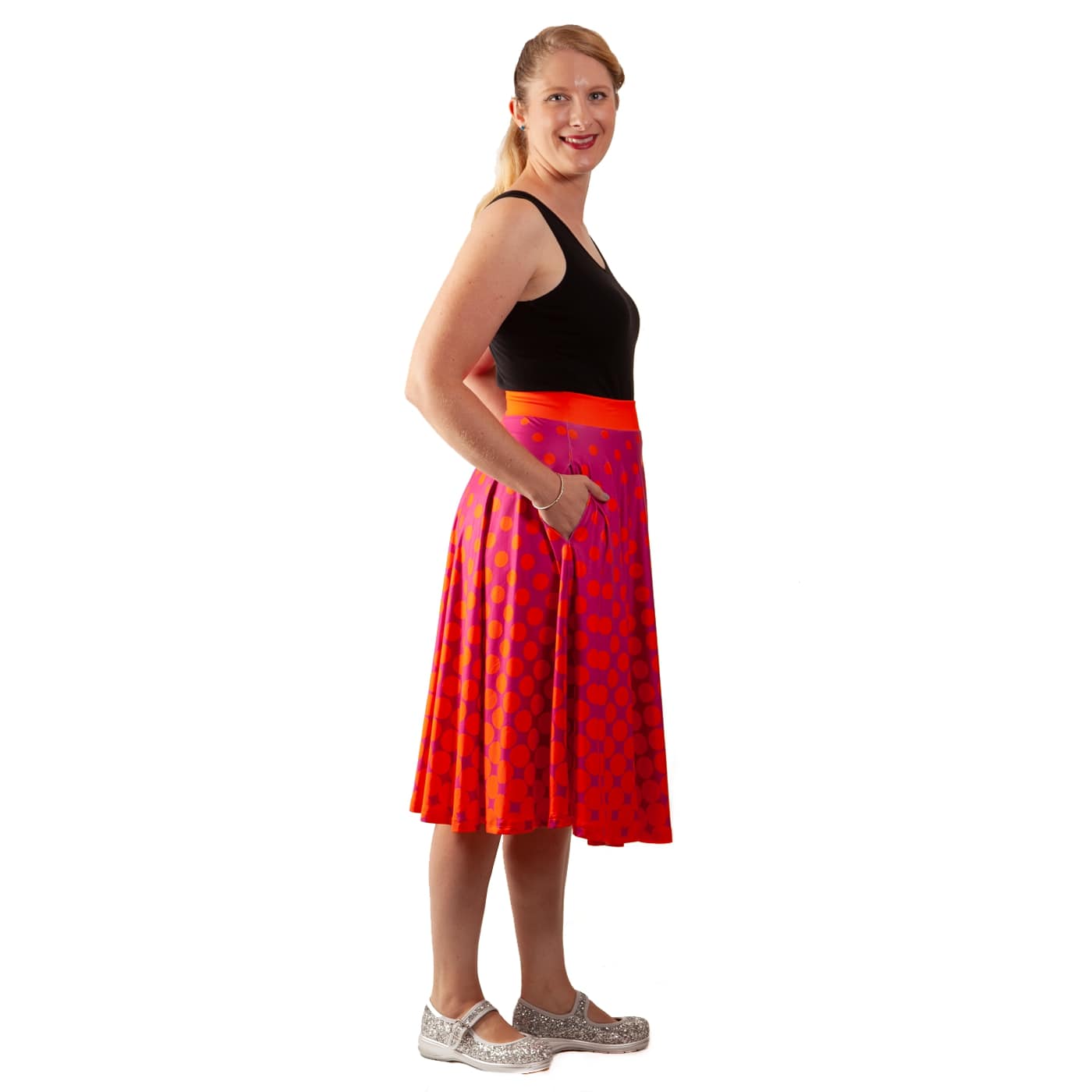 Sunrise Swishy Skirt by RainbowsAndFairies.com.au (Orange & Purple - Polka Dots - Psychedelic - Rockabilly - Circle Skirt With Pockets - Mod Retro) - SKU: CL_SWISH_SUNRS_ORG - Pic-06