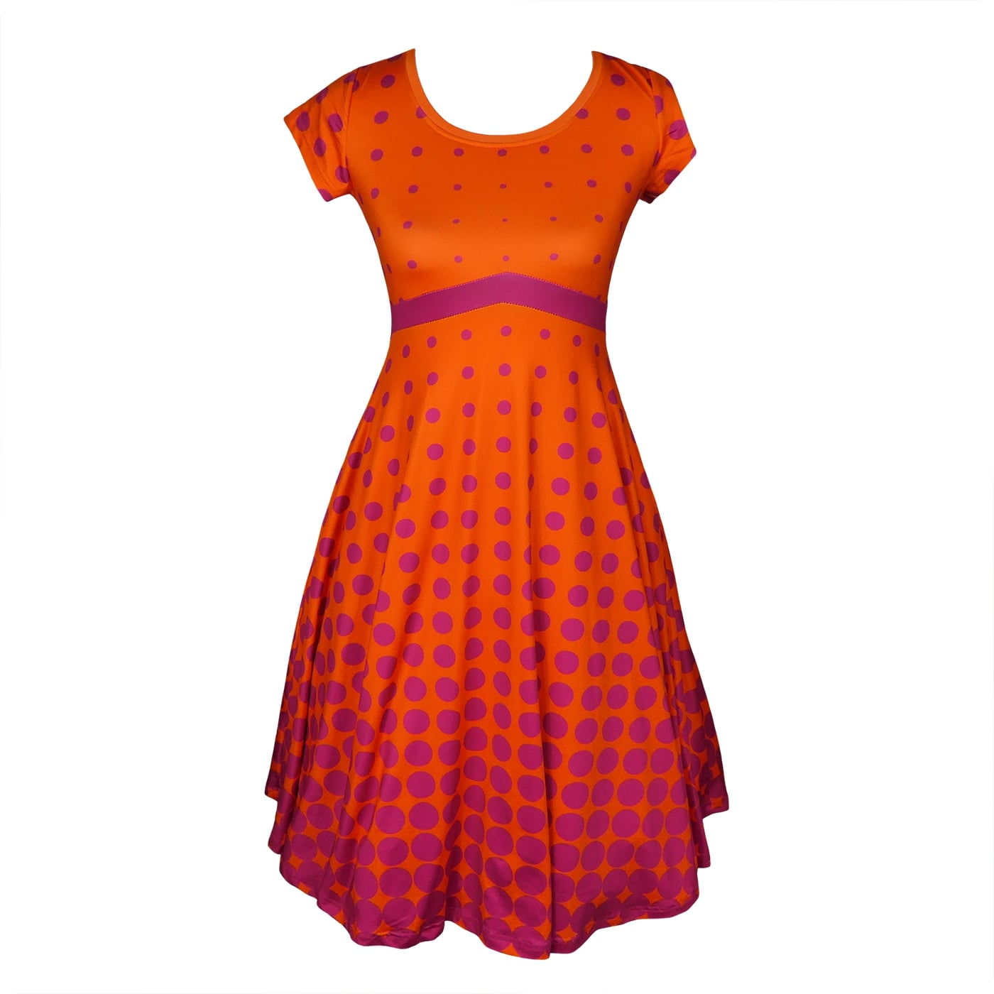 Sunrise Tea Dress by RainbowsAndFairies.com (Purple Orange - Polka Dot - Psychedelic - Dress With Pockets - Pin Up - Rockabilly - Rock & Roll) - SKU: CL_TEADR_SUNRS_ORG - Pic 01