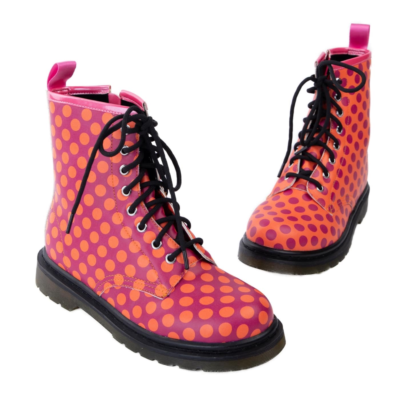 Sunrise Wonder Boots by RainbowsAndFairies.com.au (Purple Polka Dots - Orange Spots - Combat Boots - Side Zip Boots - Mismatched Shoes) - SKU: FW_WONDR_SUNRS_ORG - Pic-01