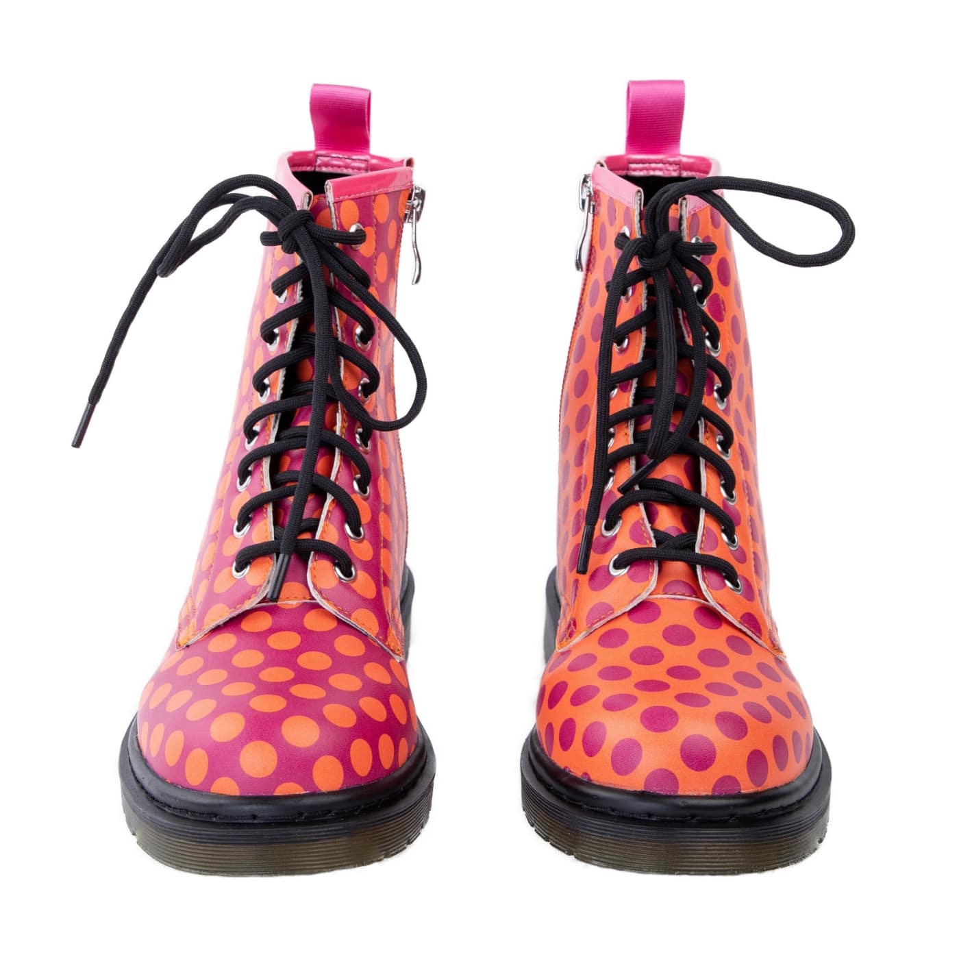 Sunrise Wonder Boots by RainbowsAndFairies.com.au (Purple Polka Dots - Orange Spots - Combat Boots - Side Zip Boots - Mismatched Shoes) - SKU: FW_WONDR_SUNRS_ORG - Pic-02