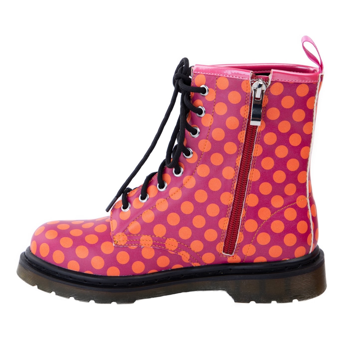 Sunrise Wonder Boots by RainbowsAndFairies.com.au (Purple Polka Dots - Orange Spots - Combat Boots - Side Zip Boots - Mismatched Shoes) - SKU: FW_WONDR_SUNRS_ORG - Pic-05