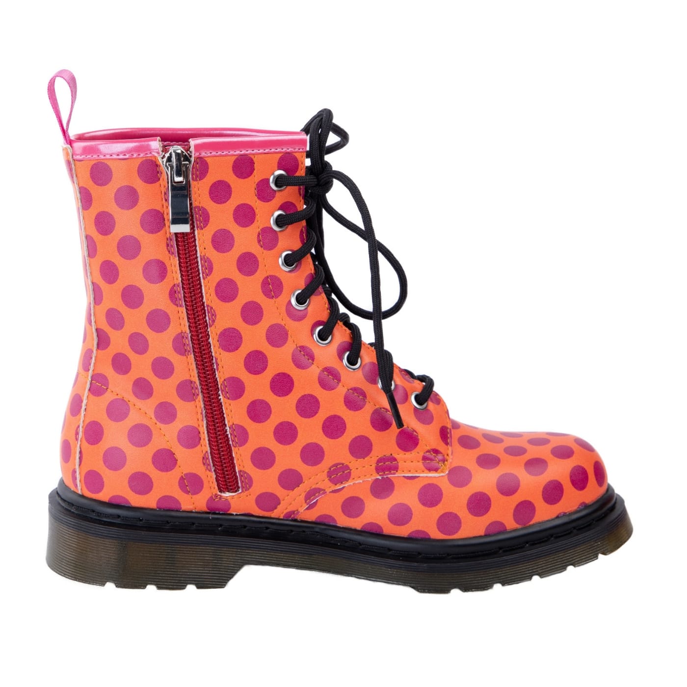 Sunrise Wonder Boots by RainbowsAndFairies.com.au (Purple Polka Dots - Orange Spots - Combat Boots - Side Zip Boots - Mismatched Shoes) - SKU: FW_WONDR_SUNRS_ORG - Pic-08